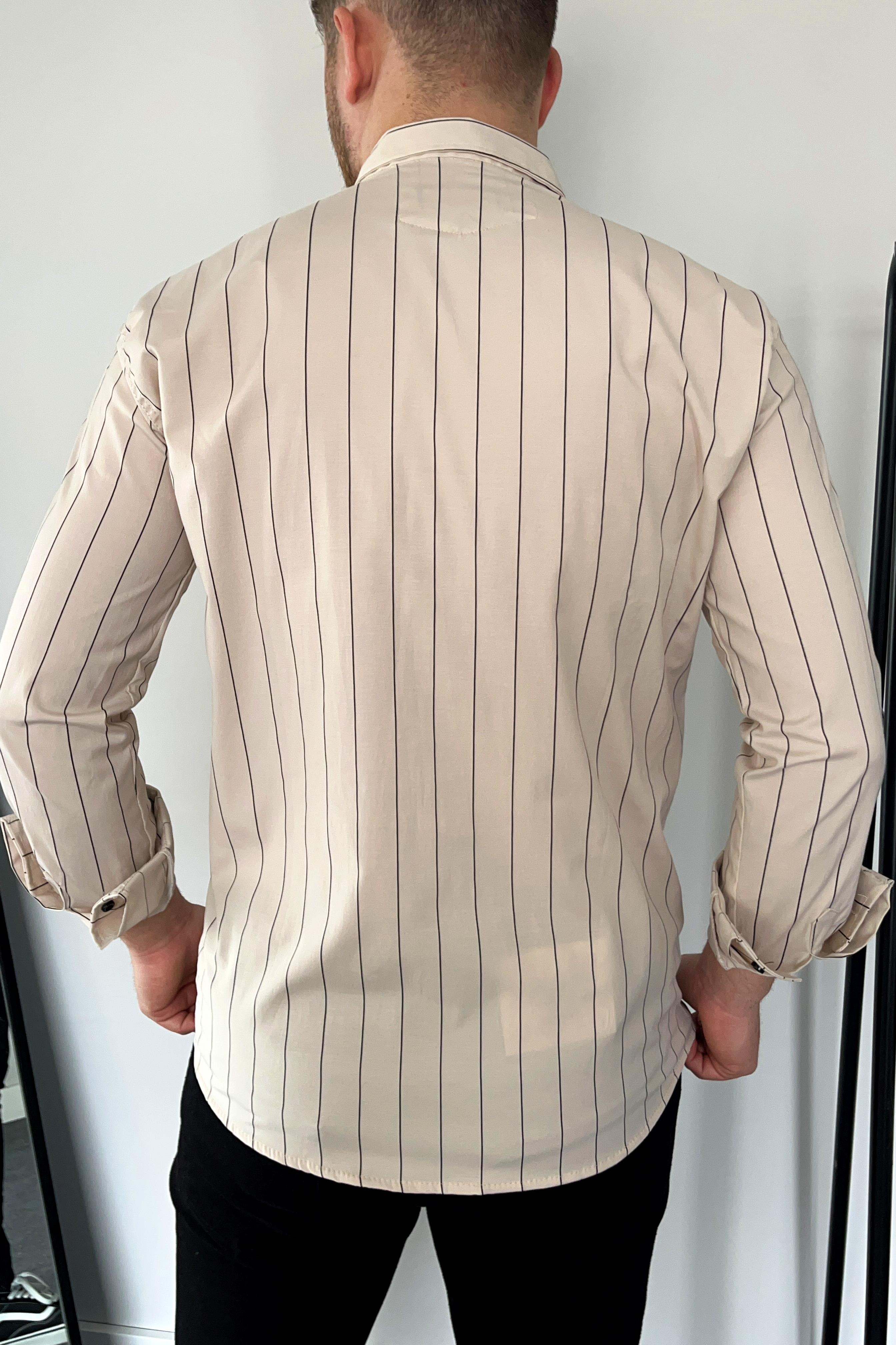 Bej Slim Fit Çizgili Poplin Gömlek