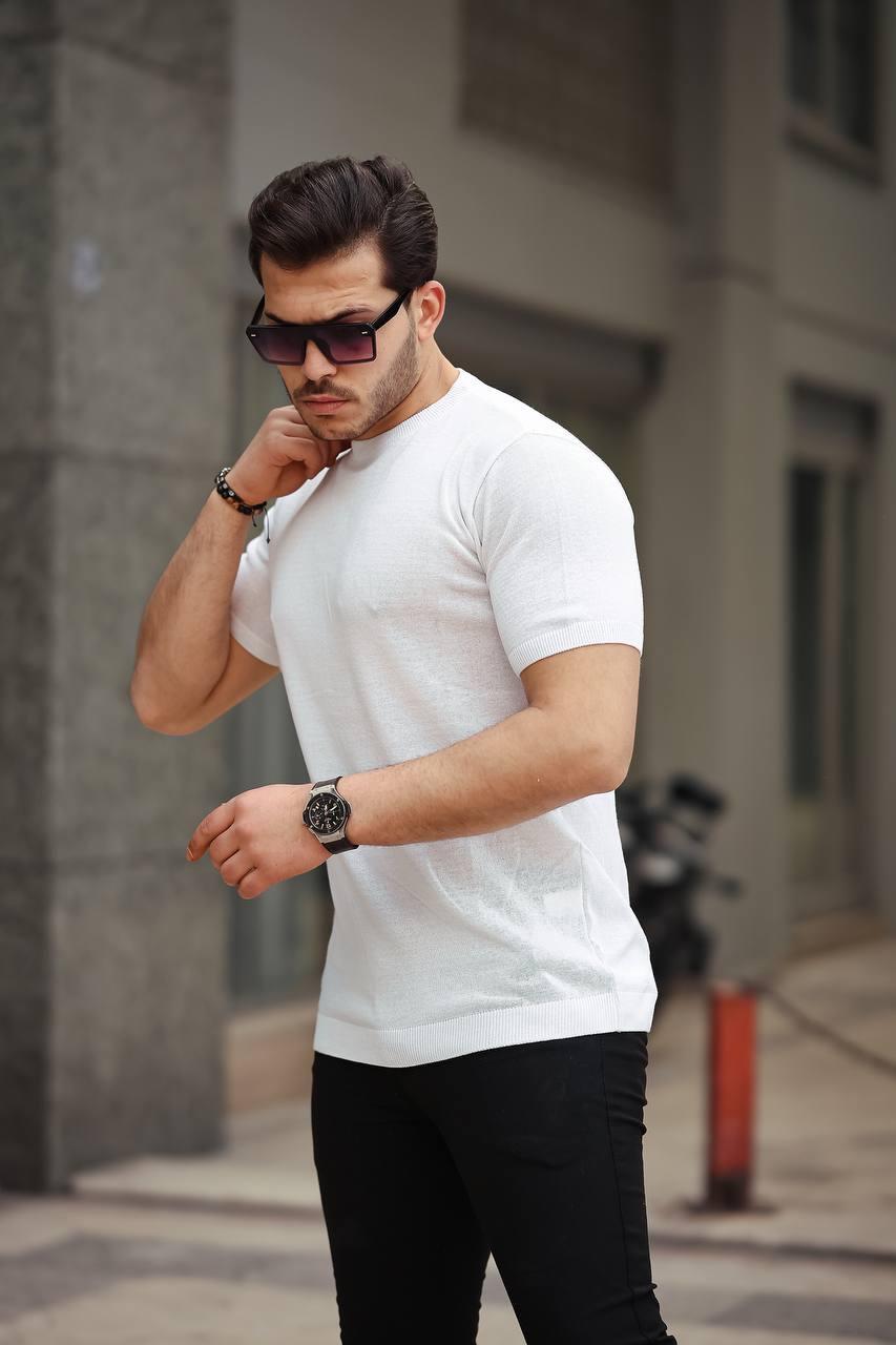 Beyaz Basic Örme Triko Tshirt
