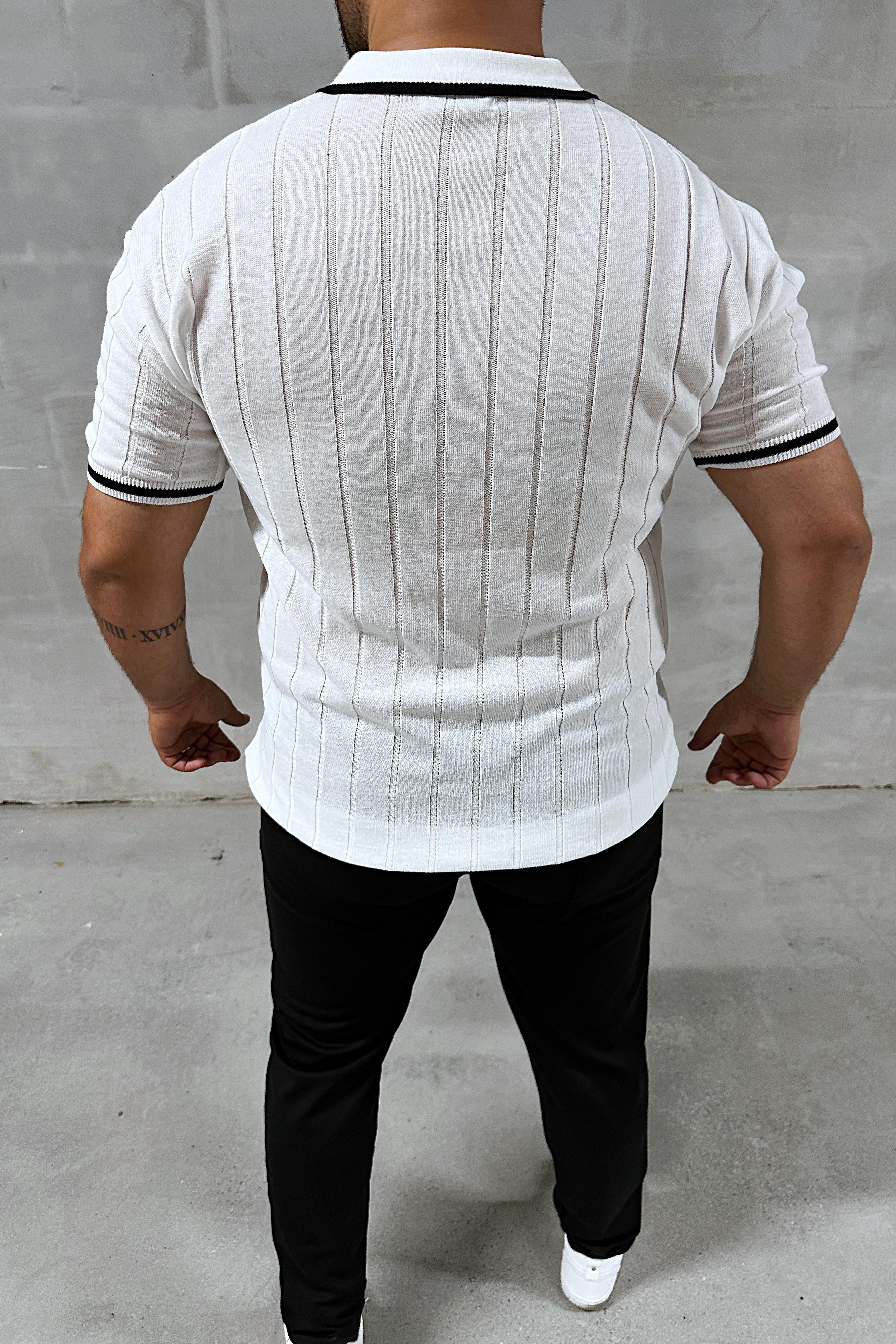 Beyaz Fermuarlı Polo Yaka Örme Triko Tshirt