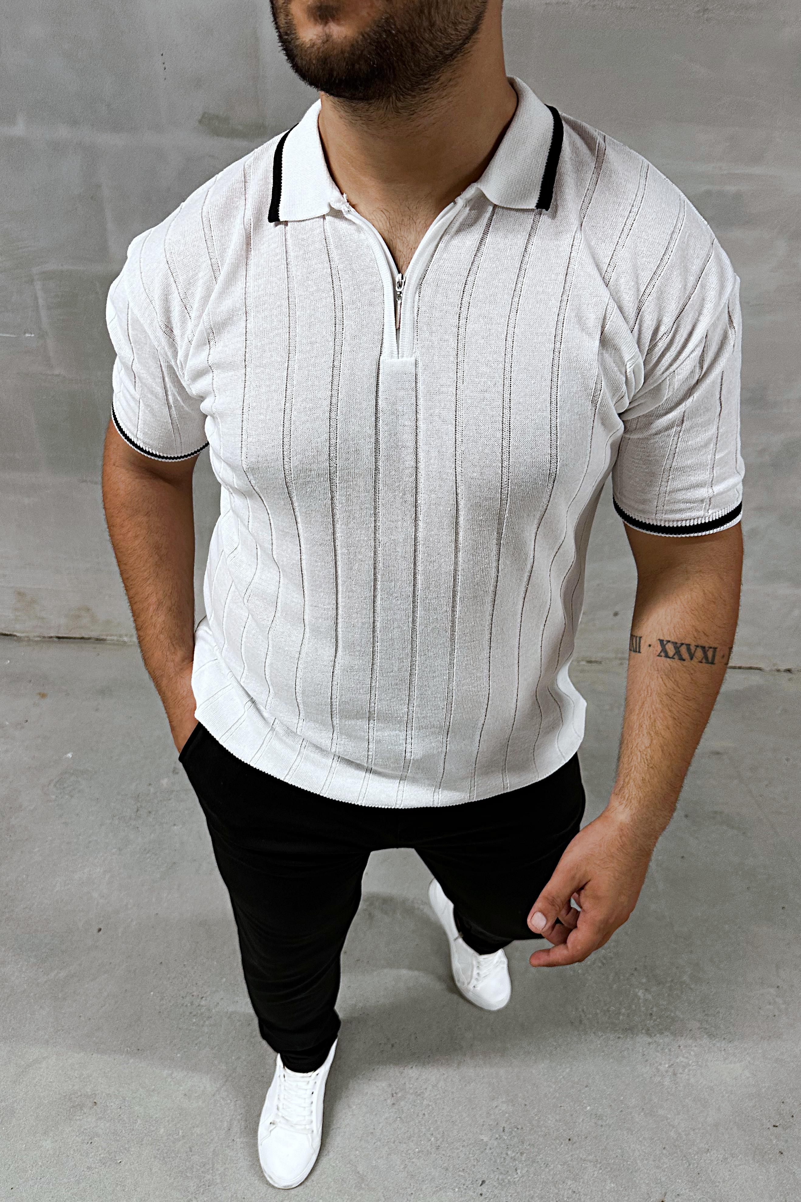 Beyaz Fermuarlı Polo Yaka Örme Triko Tshirt