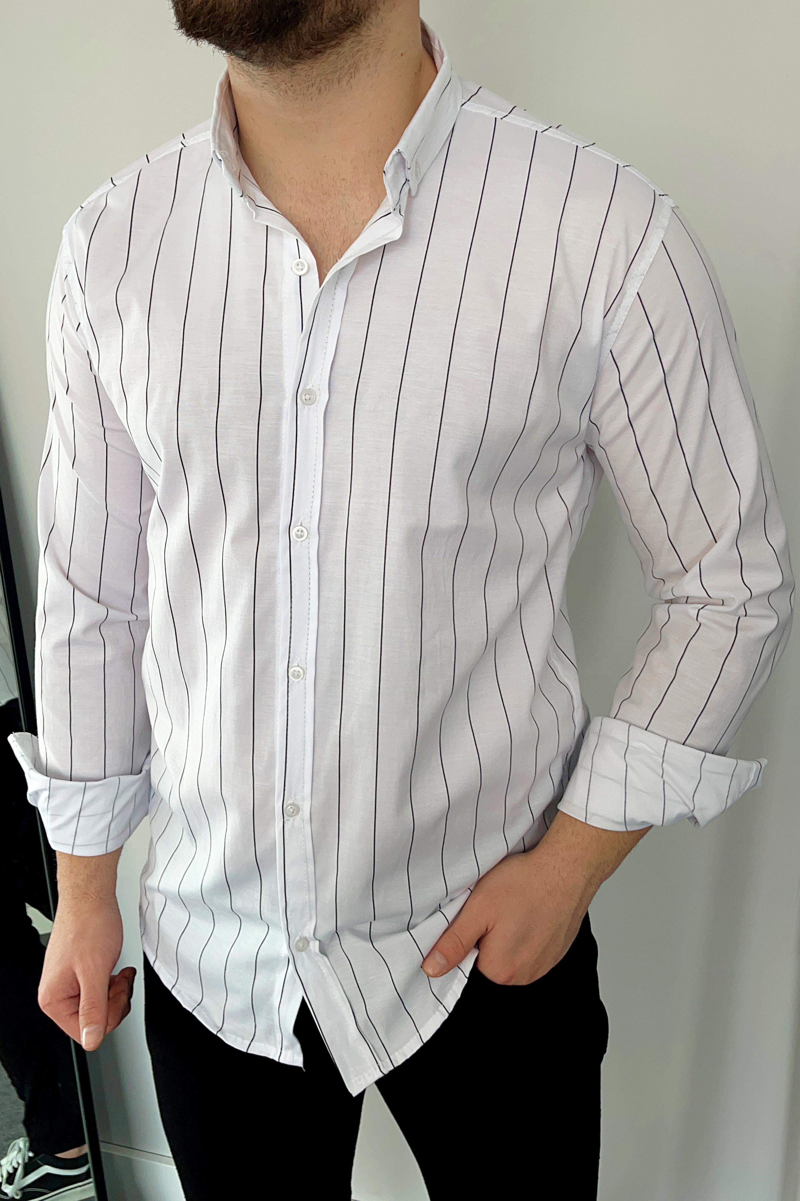 Beyaz Slim Fit Çizgili Poplin Gömlek
