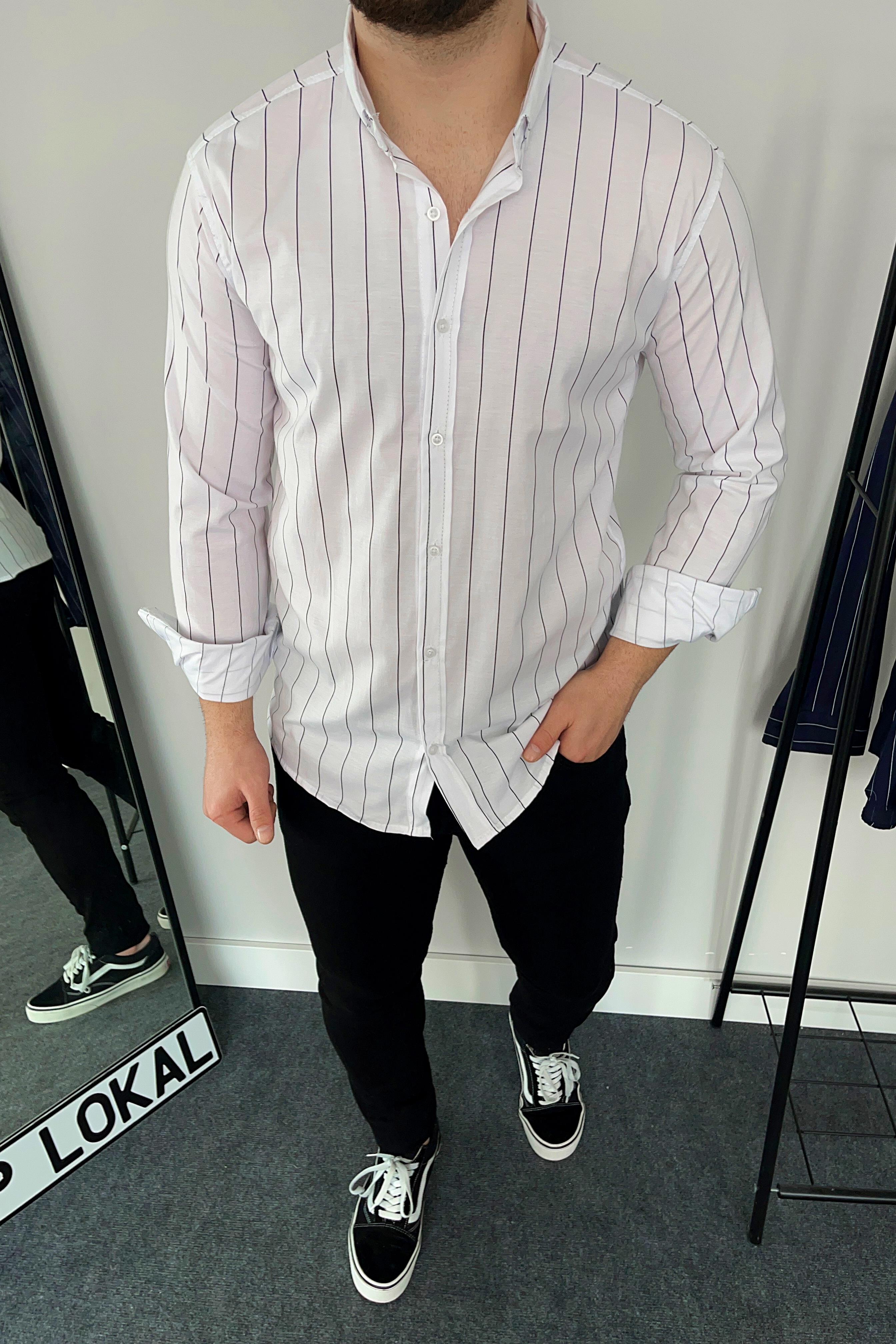 Beyaz Slim Fit Çizgili Poplin Gömlek
