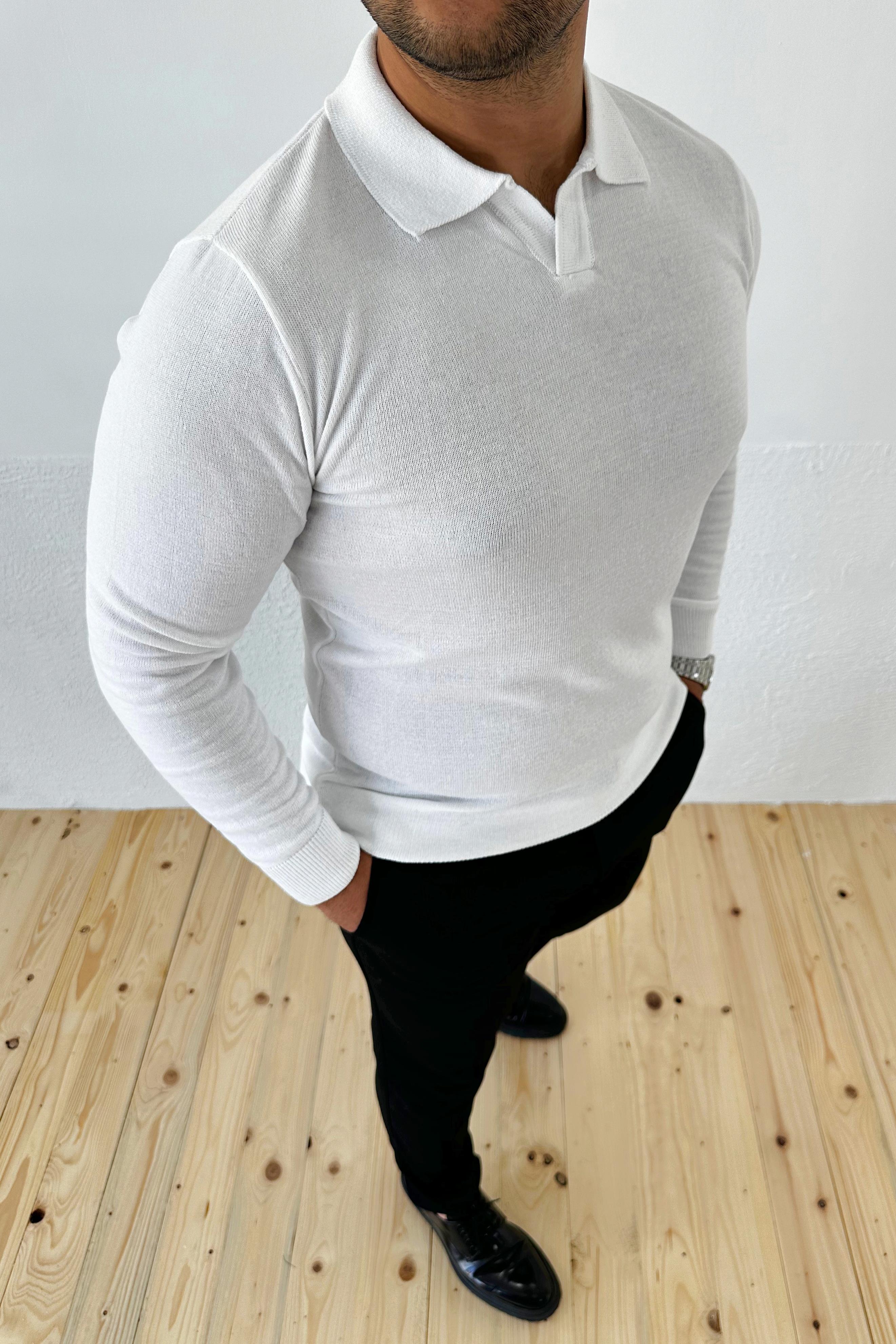 Beyaz Slim Fit Polo Yaka Triko Kazak