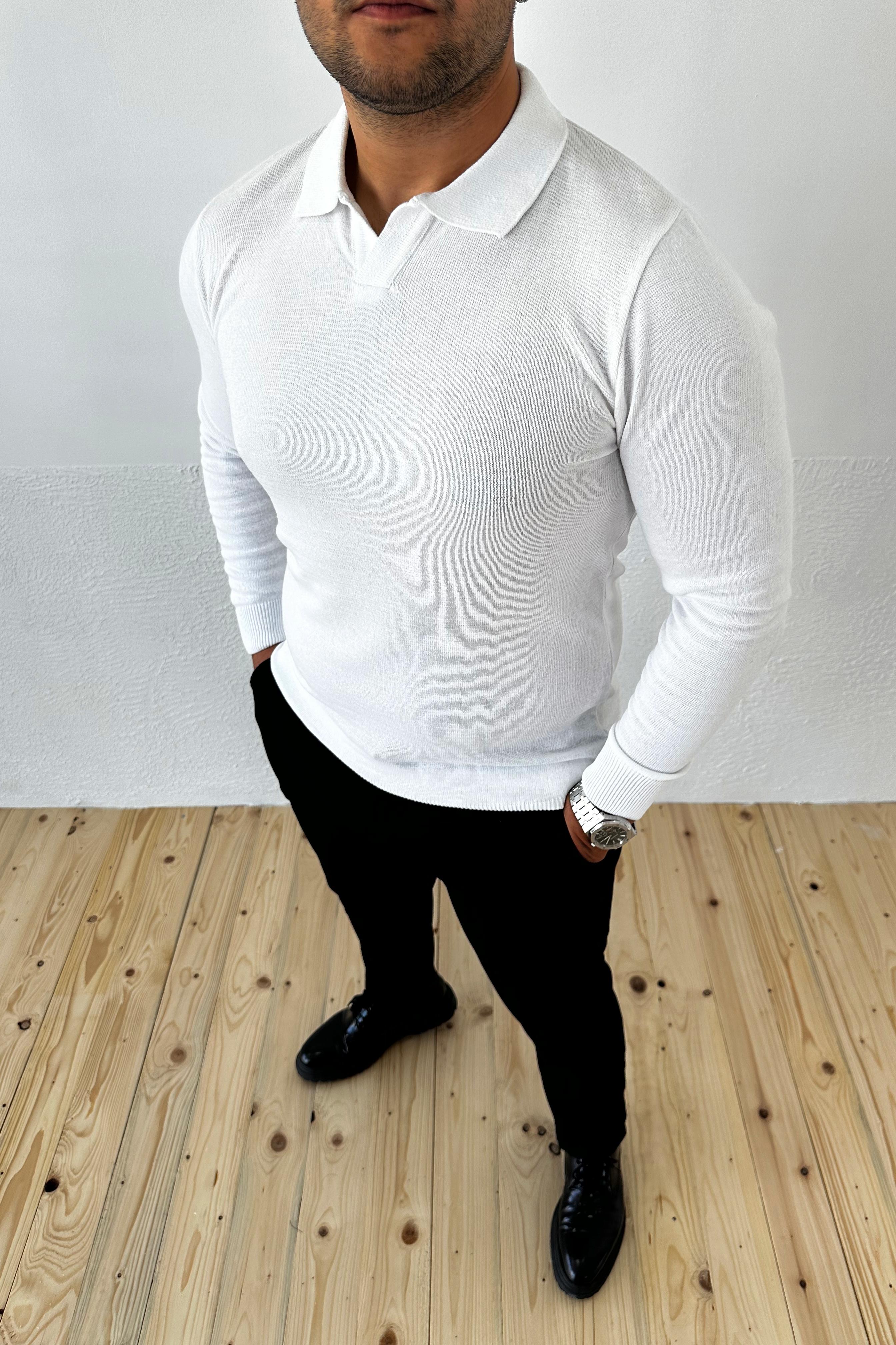 Beyaz Slim Fit Polo Yaka Triko Kazak
