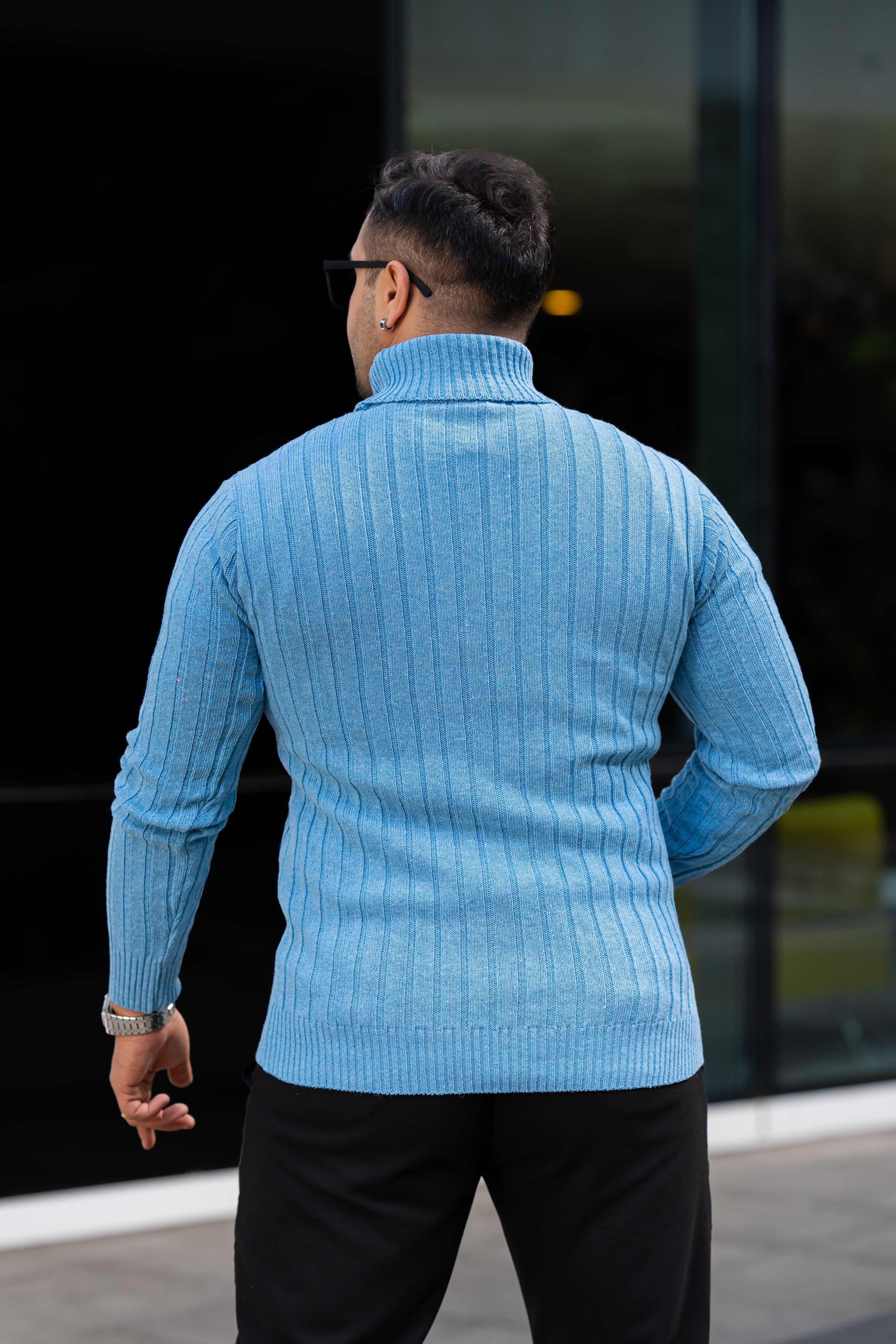Erkek Bebe Mavi Tüylenme Yapmayan Slim Fit Boğazlı Triko Kazak