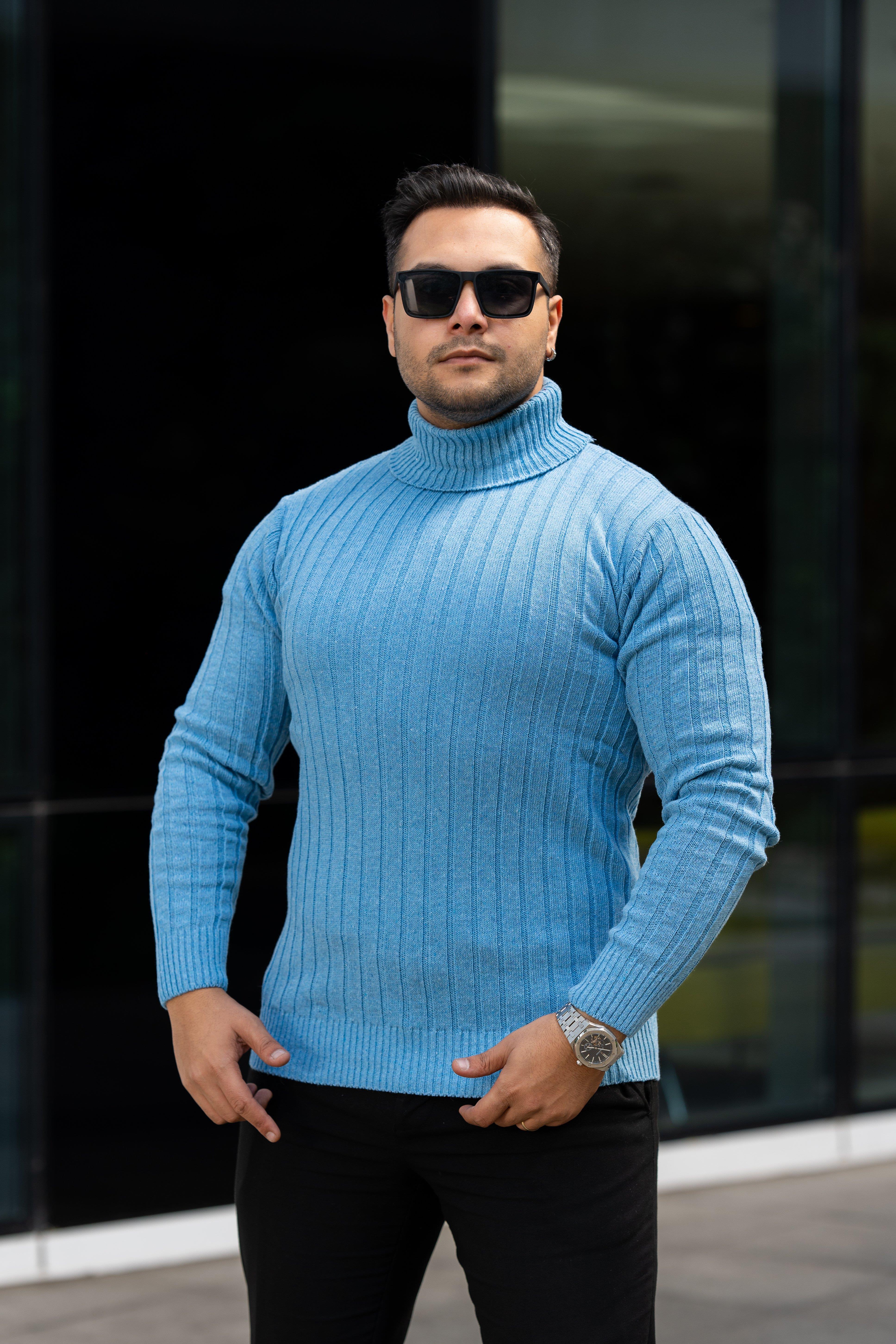 Erkek Bebe Mavi Tüylenme Yapmayan Slim Fit Boğazlı Triko Kazak