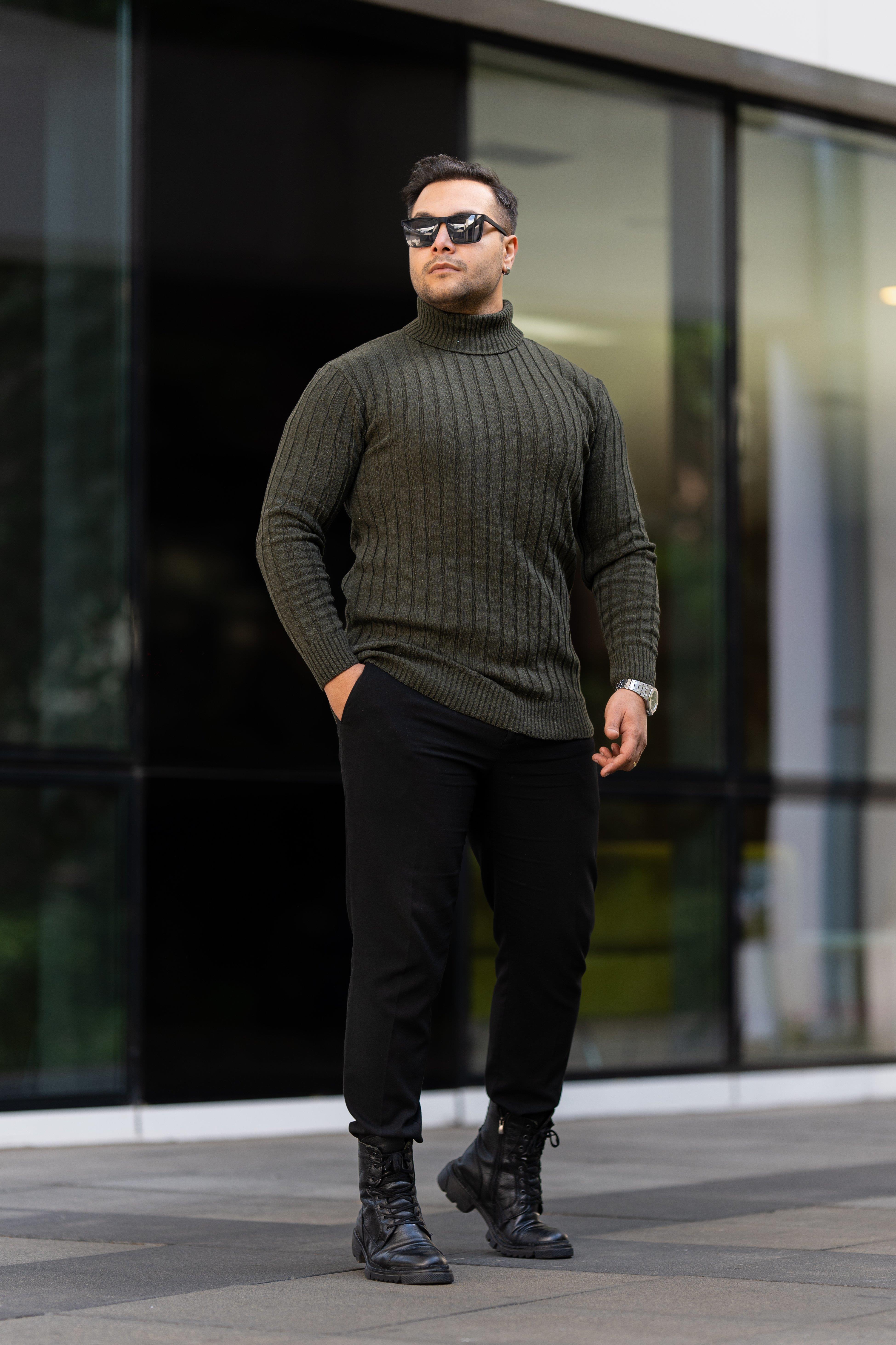 Erkek Haki Tüylenme Yapmayan Slim Fit Boğazlı Triko Kazak