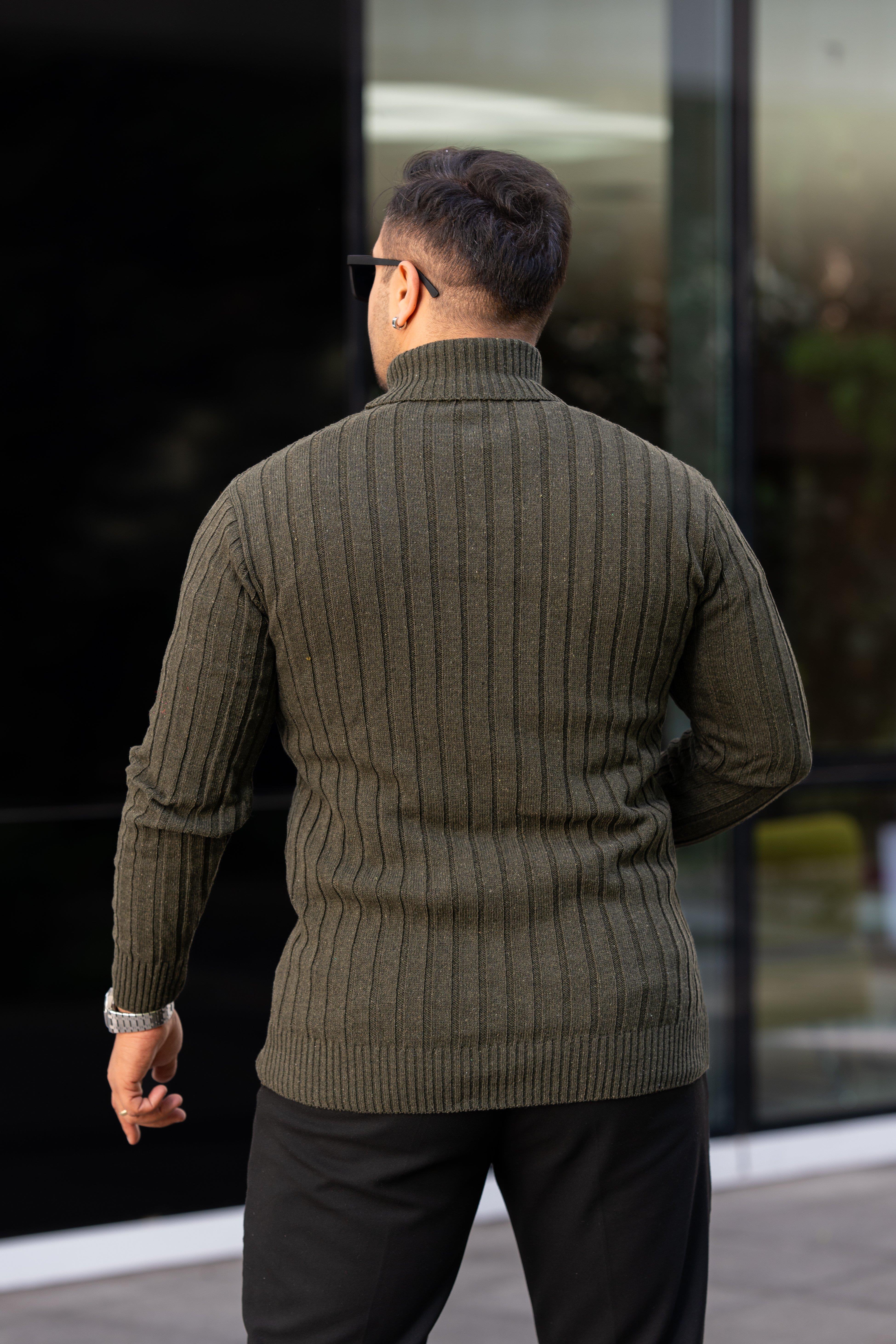 Erkek Haki Tüylenme Yapmayan Slim Fit Boğazlı Triko Kazak