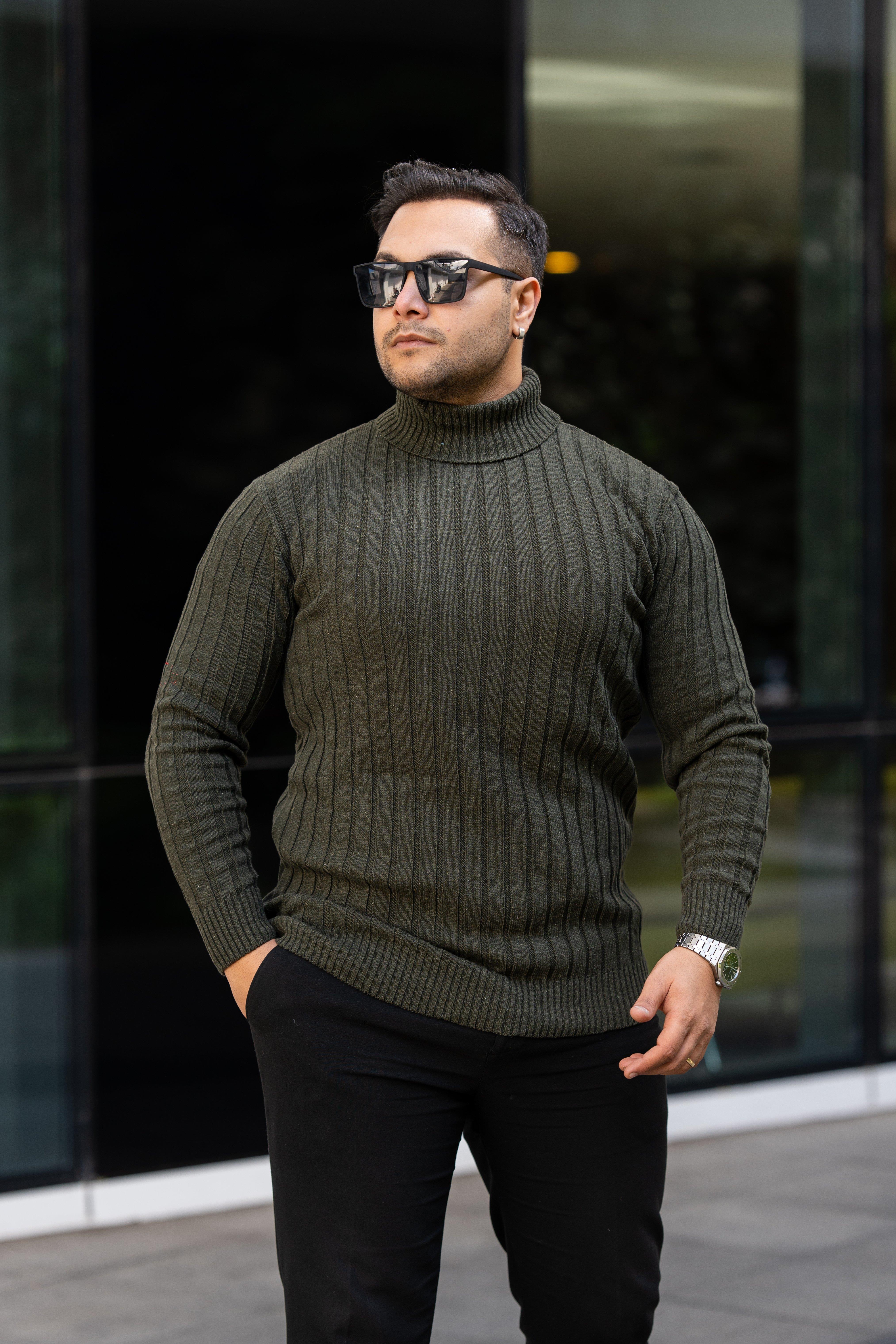 Erkek Haki Tüylenme Yapmayan Slim Fit Boğazlı Triko Kazak