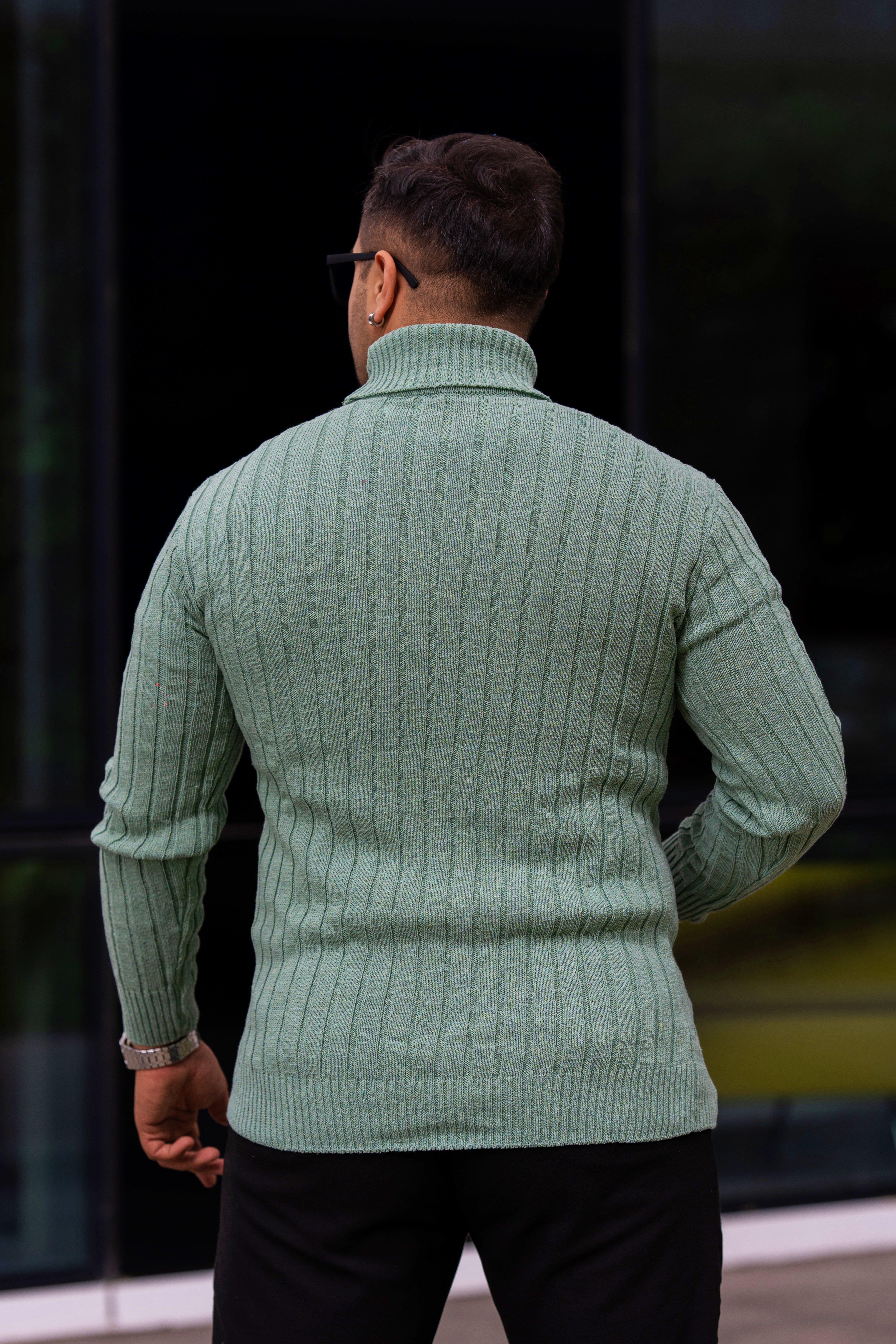 Erkek Mint Yeşil Tüylenme Yapmayan Slim Fit Boğazlı Triko Kazak