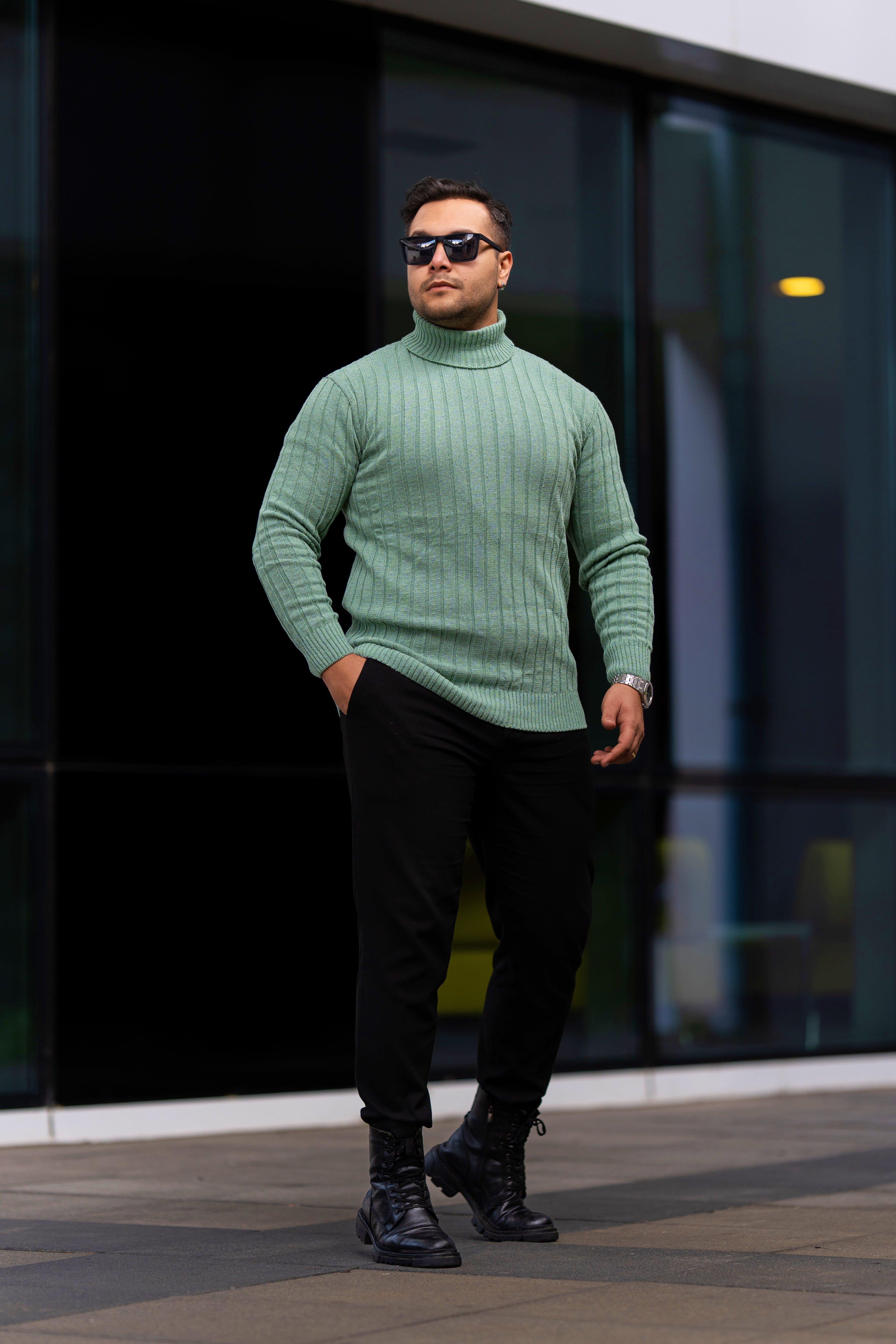 Erkek Mint Yeşil Tüylenme Yapmayan Slim Fit Boğazlı Triko Kazak