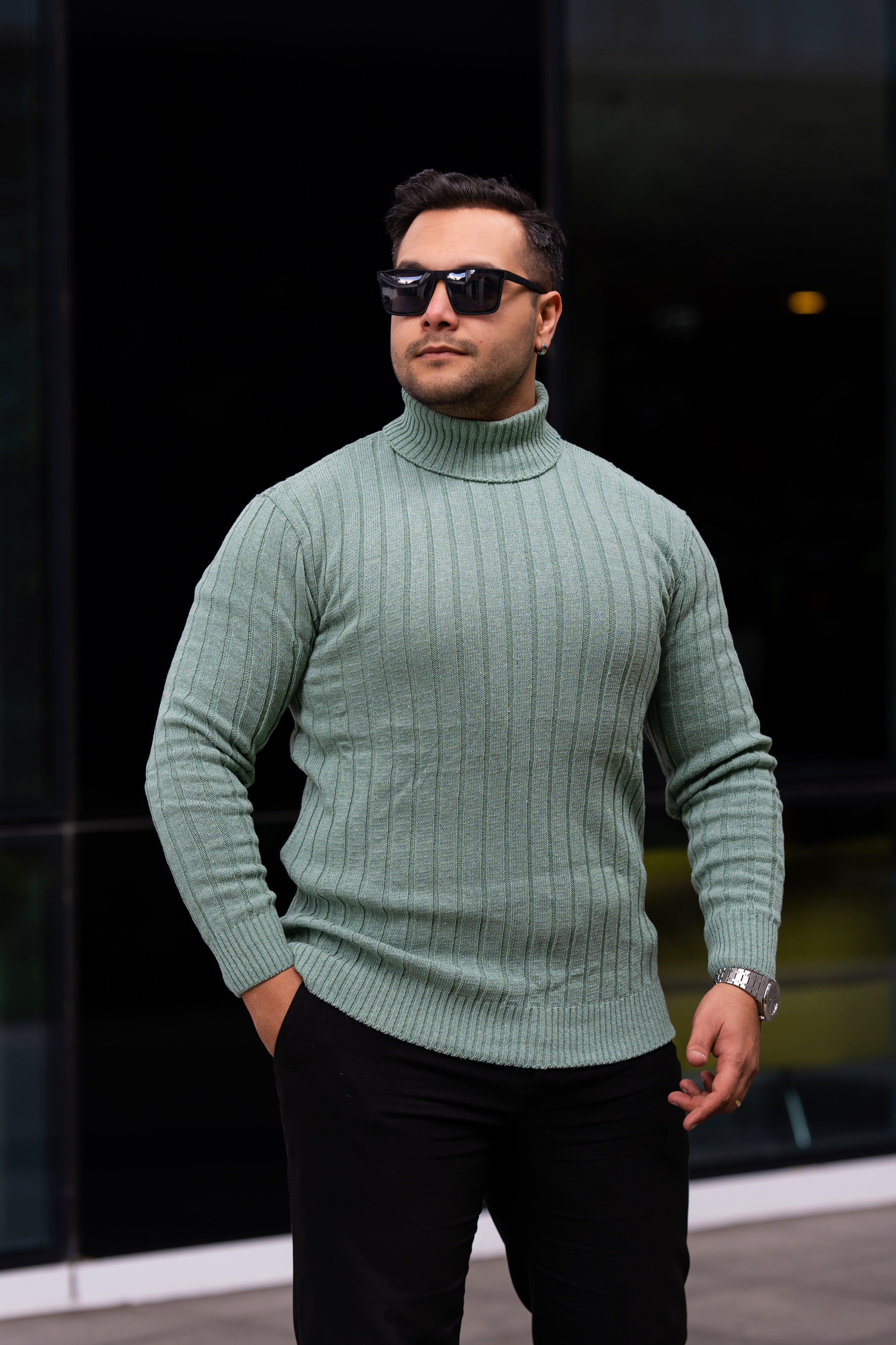 Erkek Mint Yeşil Tüylenme Yapmayan Slim Fit Boğazlı Triko Kazak