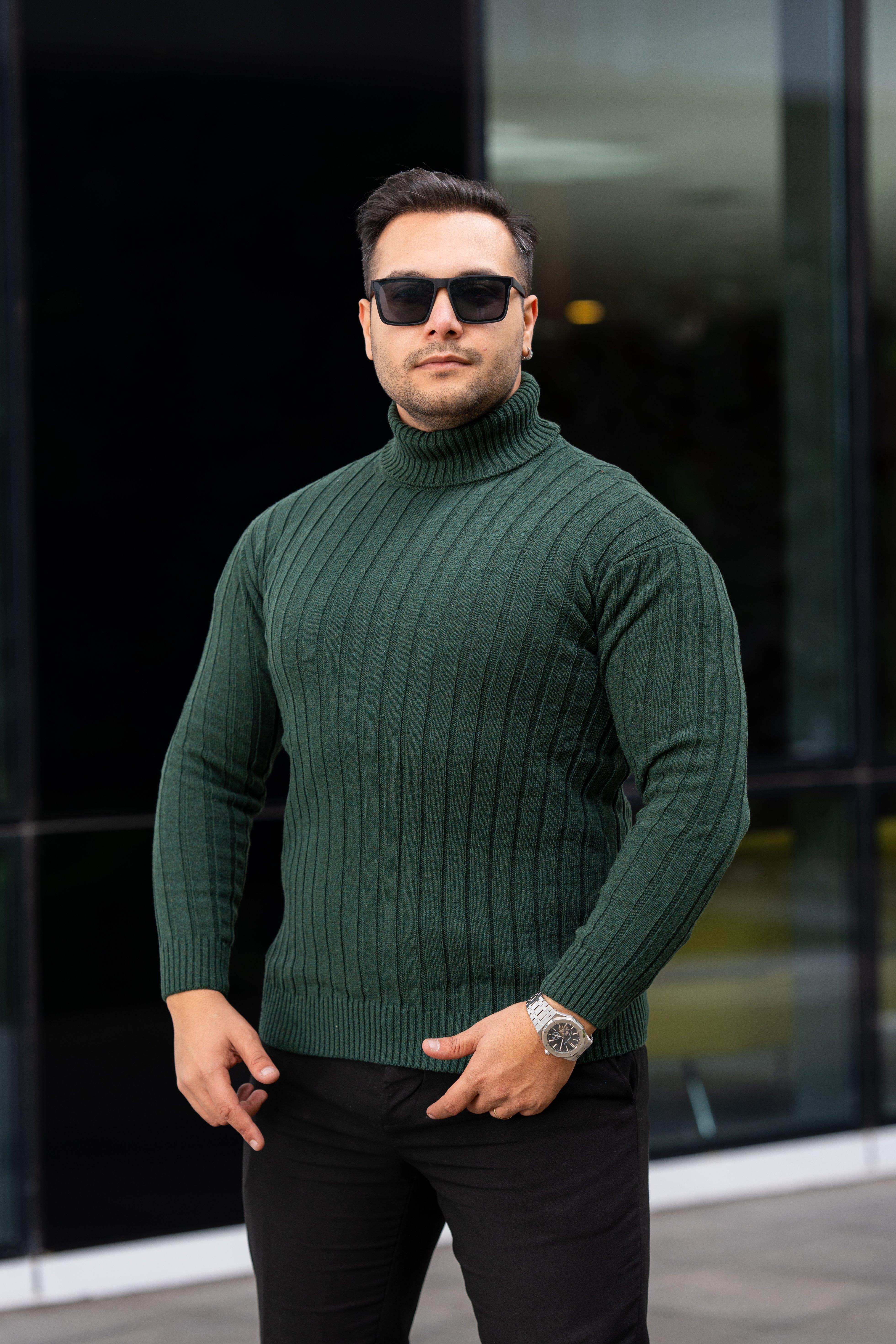 Erkek Zümrüt Yeşil Tüylenme Yapmayan Slim Fit Boğazlı Triko Kazak