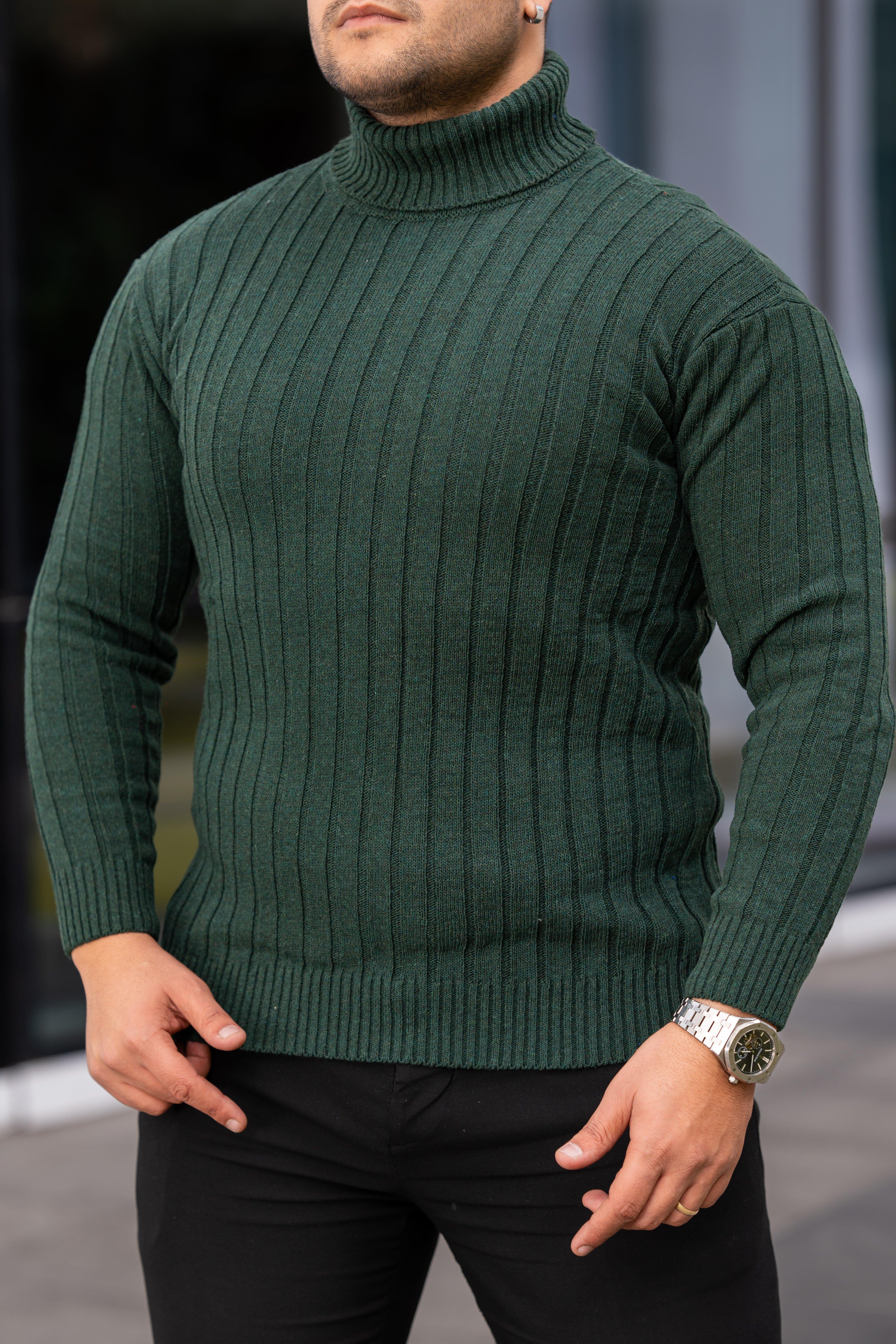 Erkek Zümrüt Yeşil Tüylenme Yapmayan Slim Fit Boğazlı Triko Kazak
