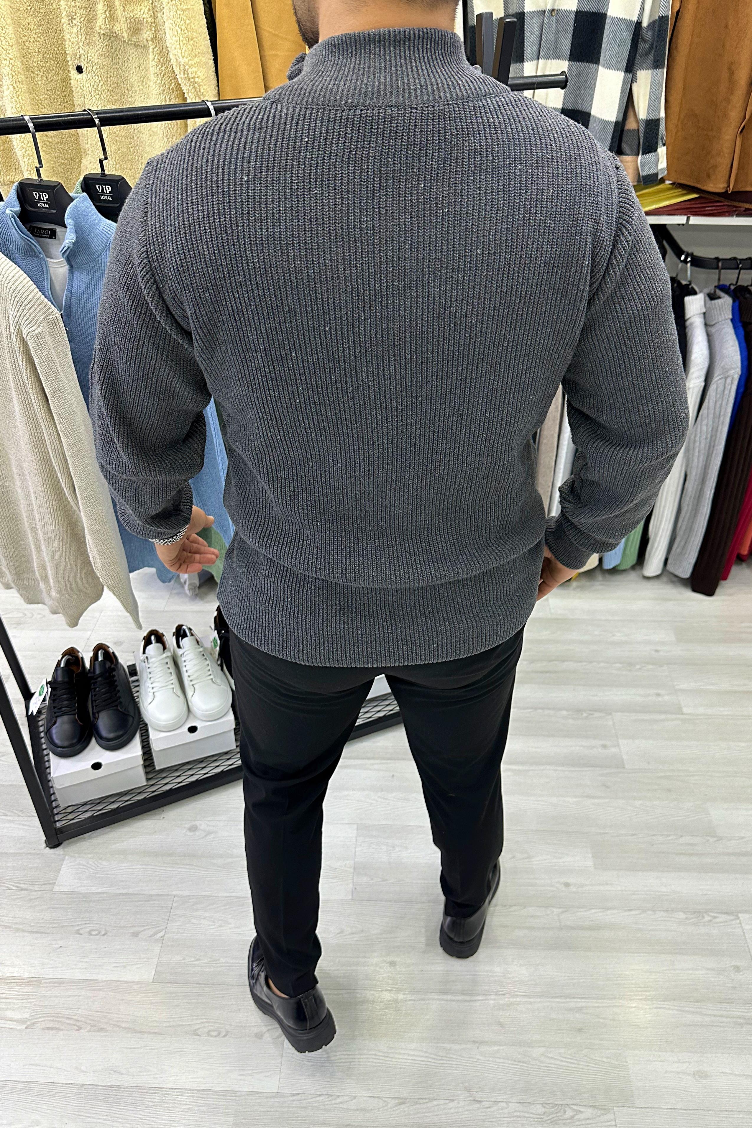 Füme Fermuarlı Triko Kazak