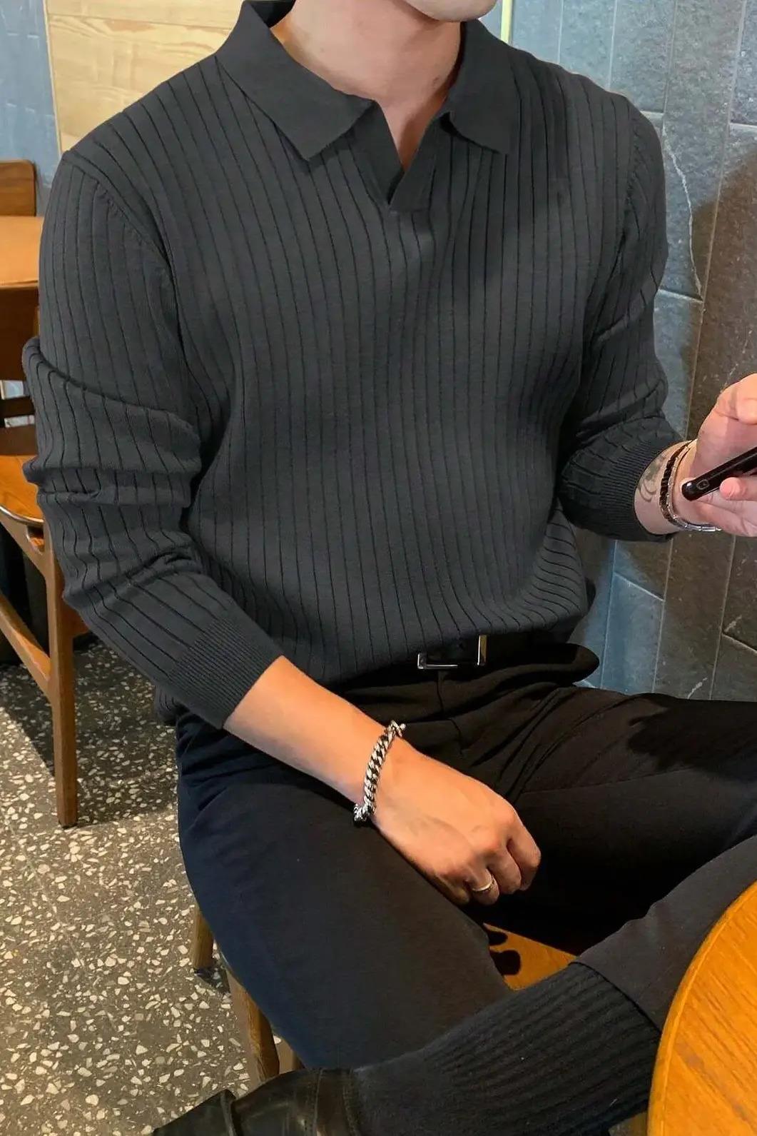 Füme Slim Fit Erkek Polo Yaka Fitilli Triko Kazak