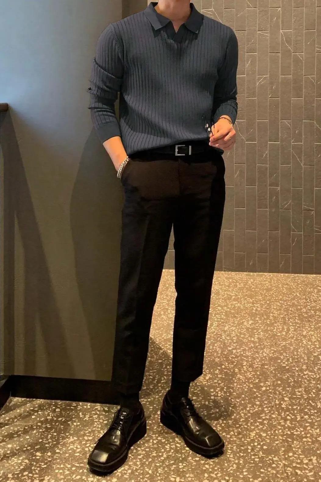 Füme Slim Fit Erkek Polo Yaka Fitilli Triko Kazak