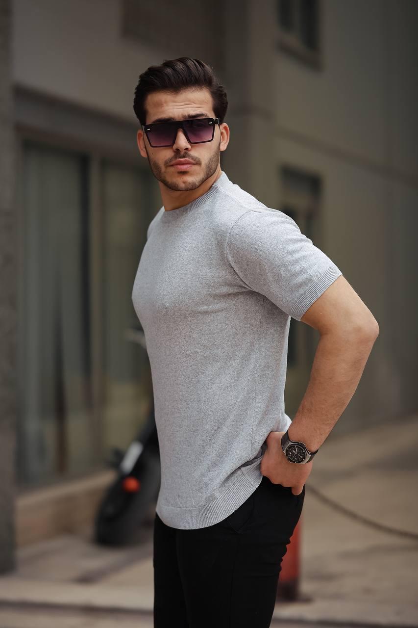 Gri Basic Örme Triko Tshirt