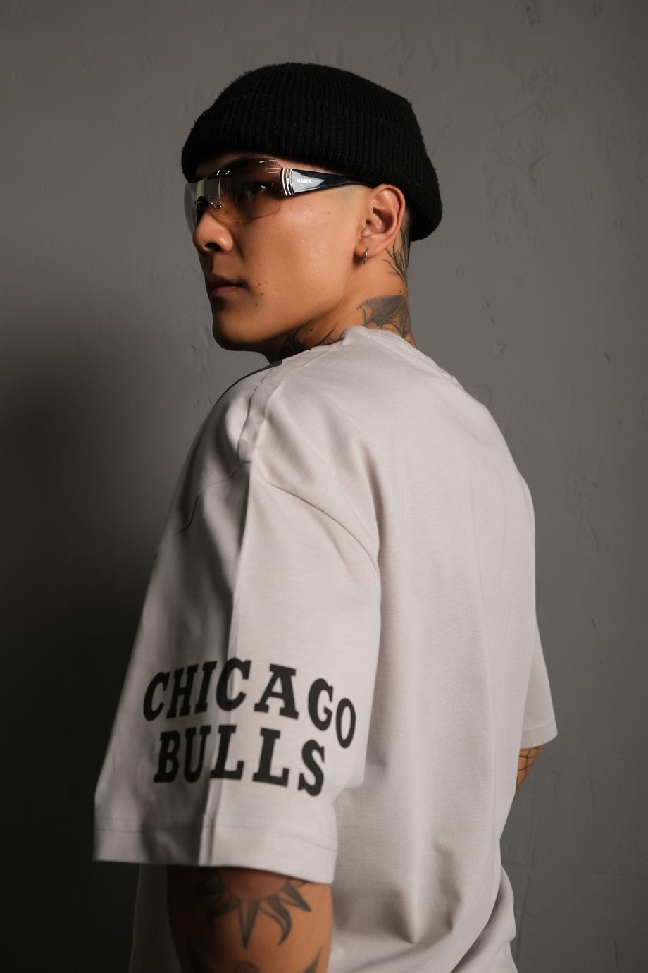 Gri Chicago Bulls Baskılı Oversize Basic Tshirt