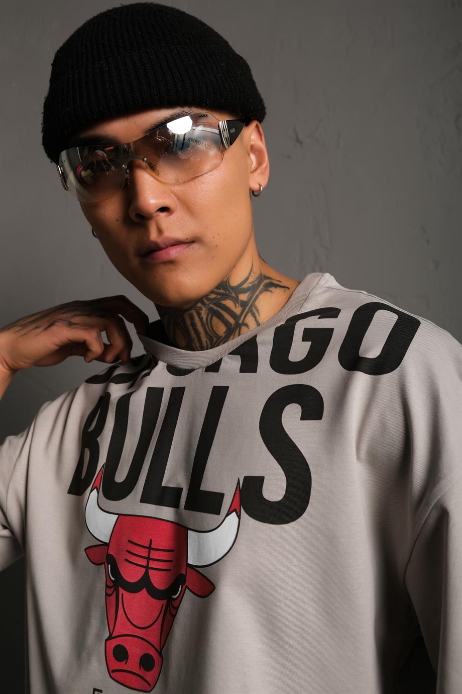 Gri Chicago Bulls Baskılı Oversize Basic Tshirt