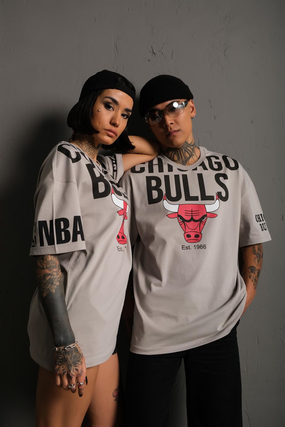 Gri Chicago Bulls Baskılı Oversize Basic Tshirt