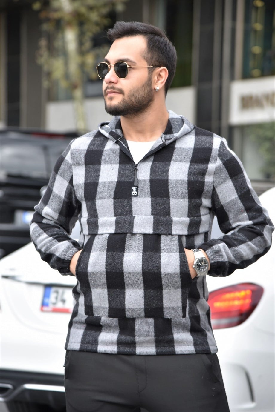 Gri Oduncu Kumaş Ekose Kapüşonlu Kanguru Cep Sweat 