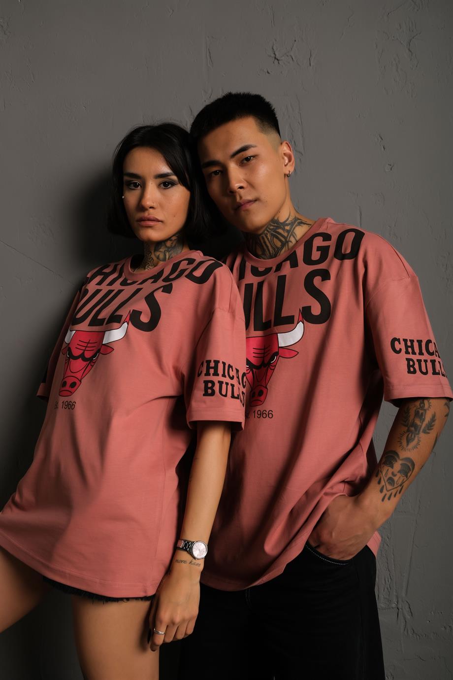 Gül Kurusu Chicago Bulls Baskılı Oversize Basic Tshirt