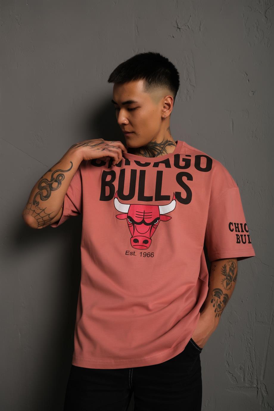 Gül Kurusu Chicago Bulls Baskılı Oversize Basic Tshirt