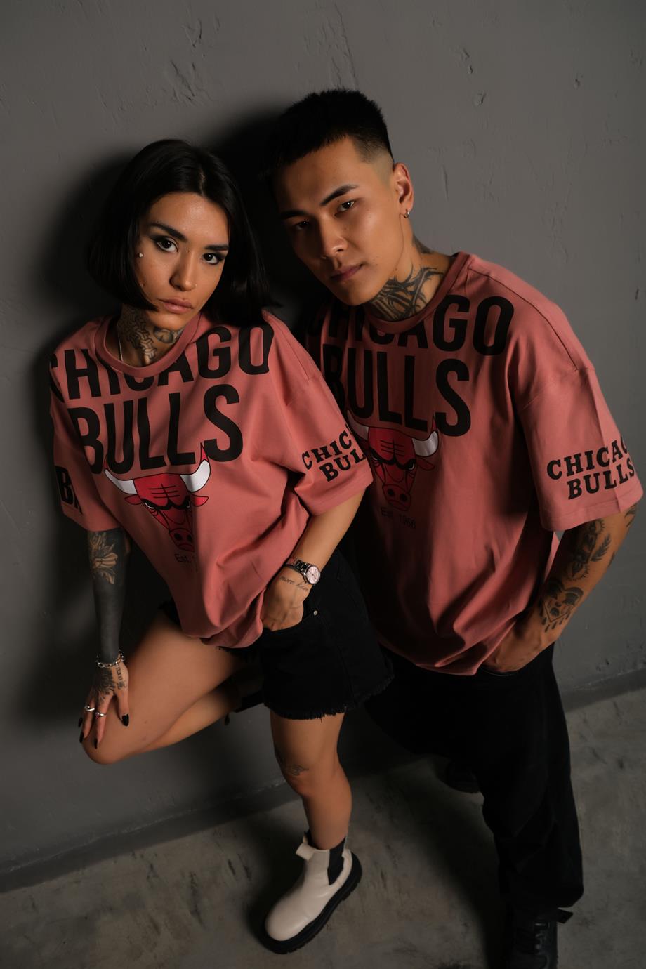 Gül Kurusu Chicago Bulls Baskılı Oversize Basic Tshirt