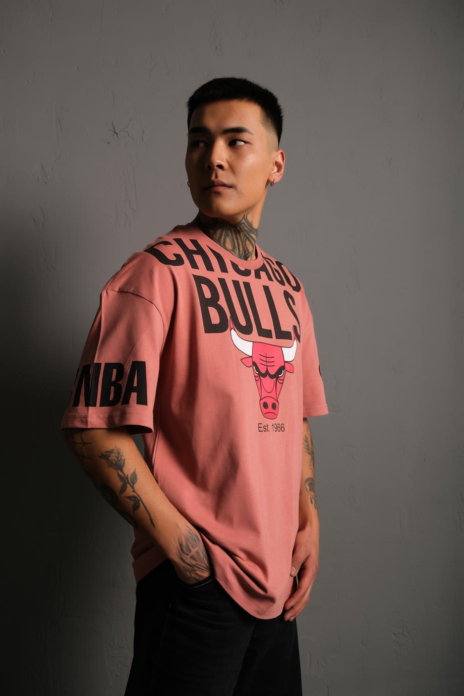 Gül Kurusu Chicago Bulls Baskılı Oversize Basic Tshirt