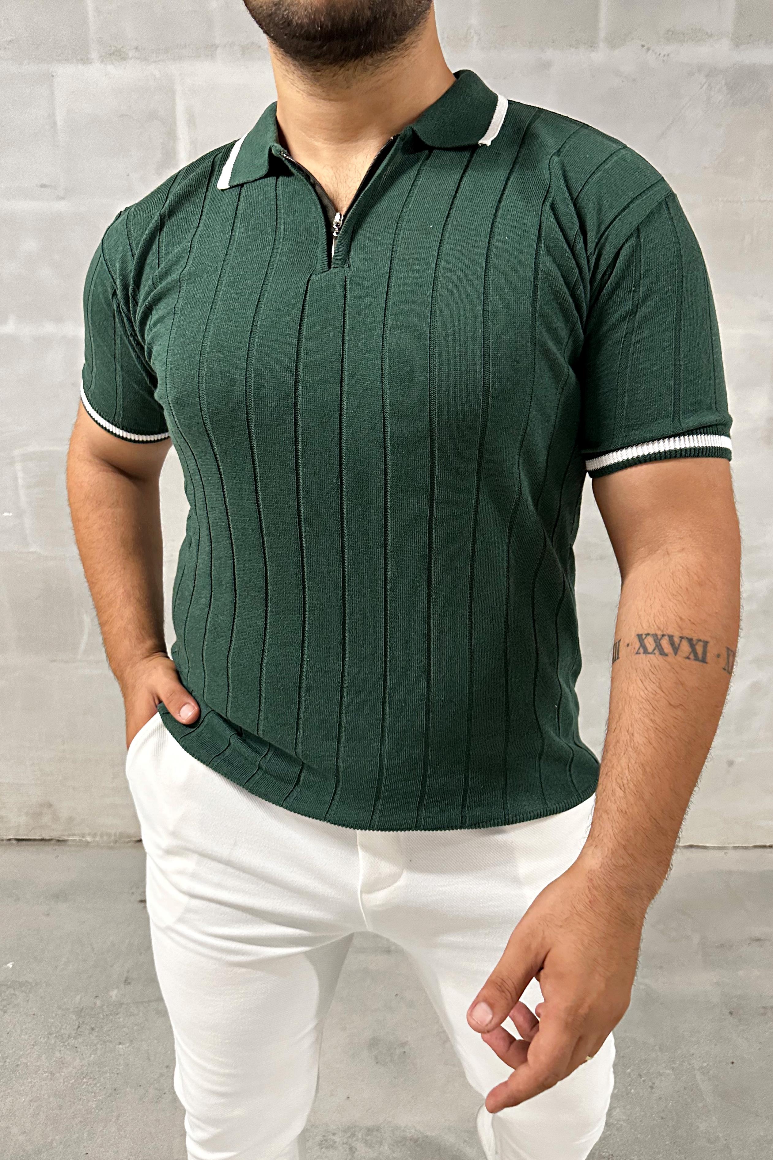 Haki Fermuarlı Polo Yaka Örme Triko Tshirt
