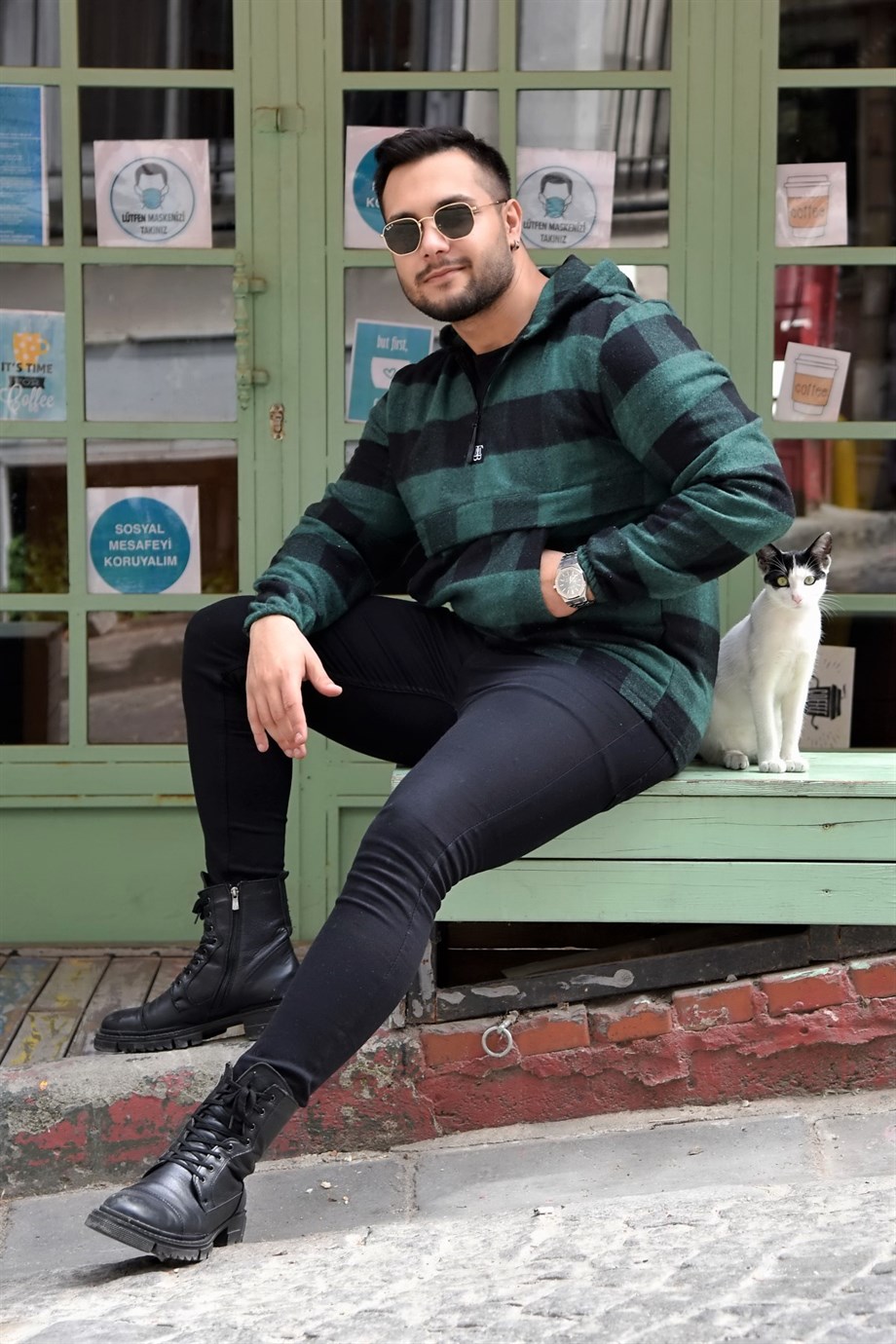 Haki Oduncu Kumaş Ekose Kapüşonlu Kanguru Cep Sweat 