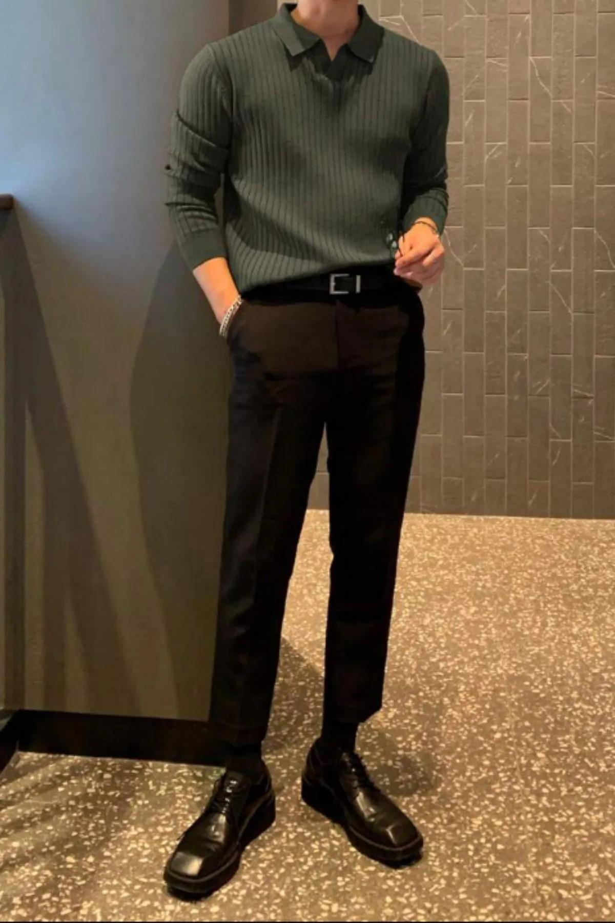 Haki Slim Fit Erkek Polo Yaka Fitilli Triko