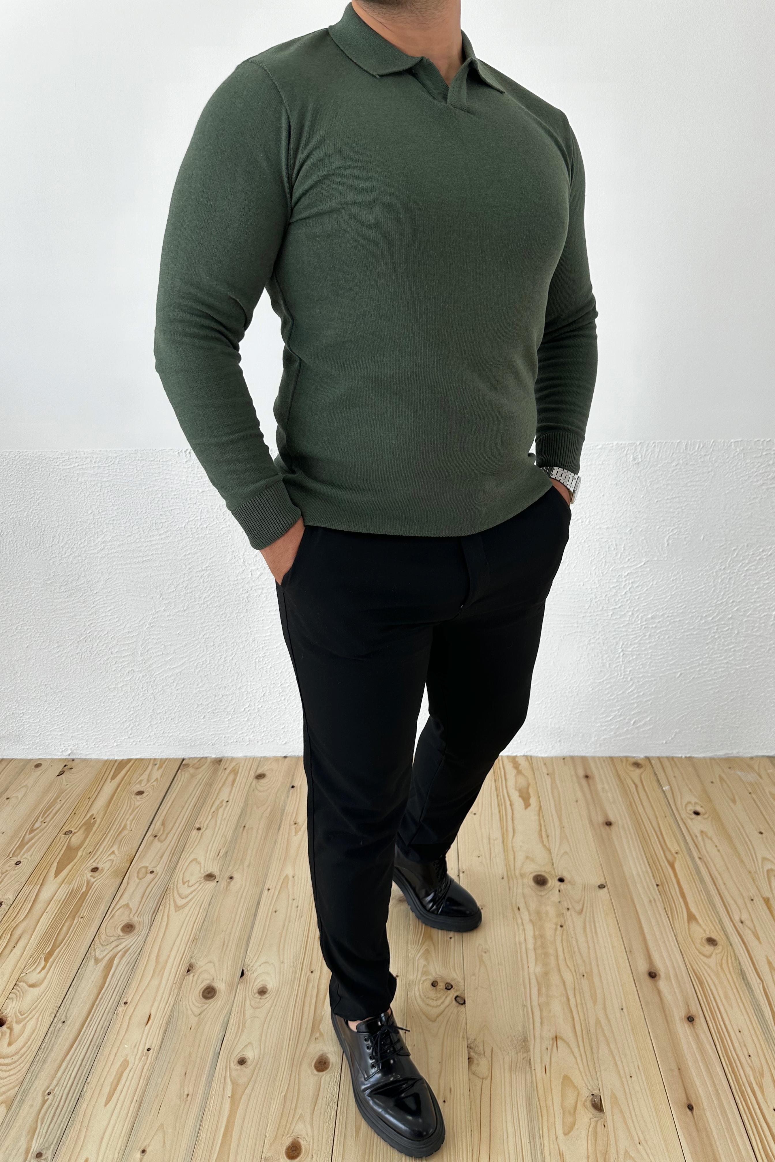 Haki Slim Fit Polo Yaka Triko Kazak