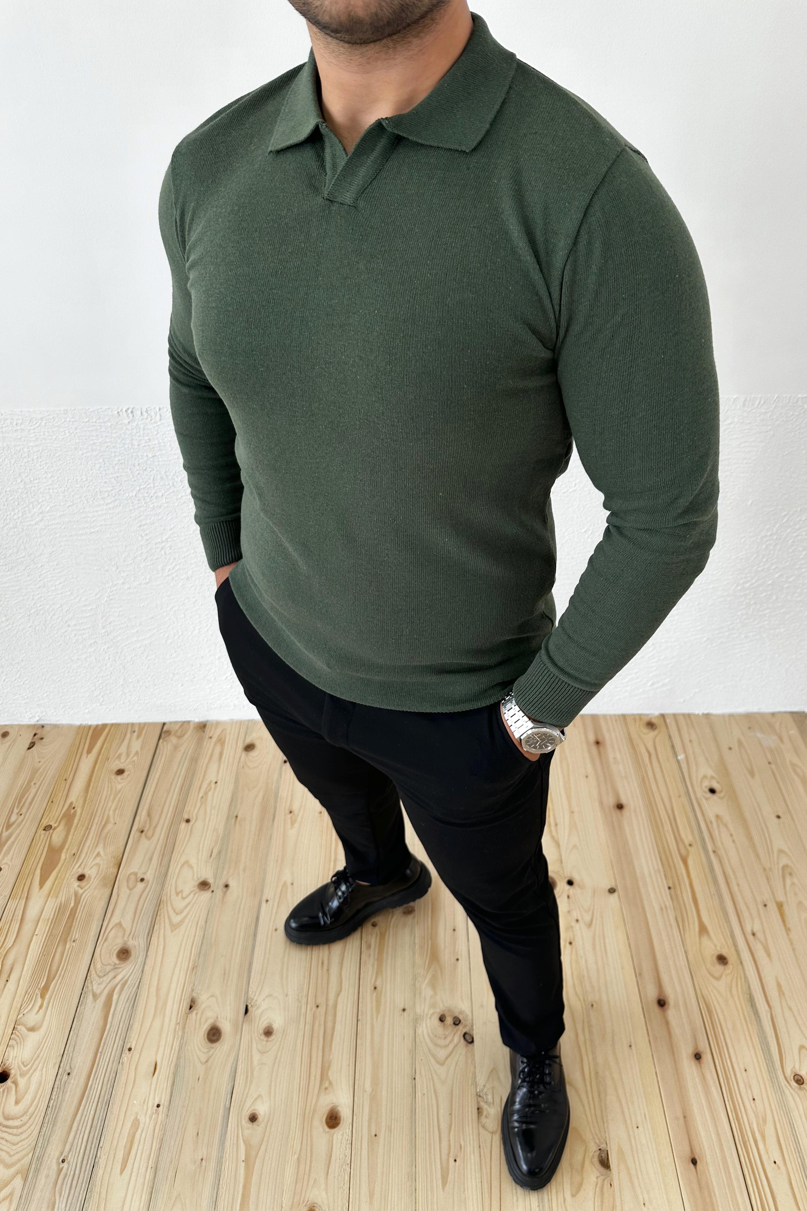 Haki Slim Fit Polo Yaka Triko Kazak