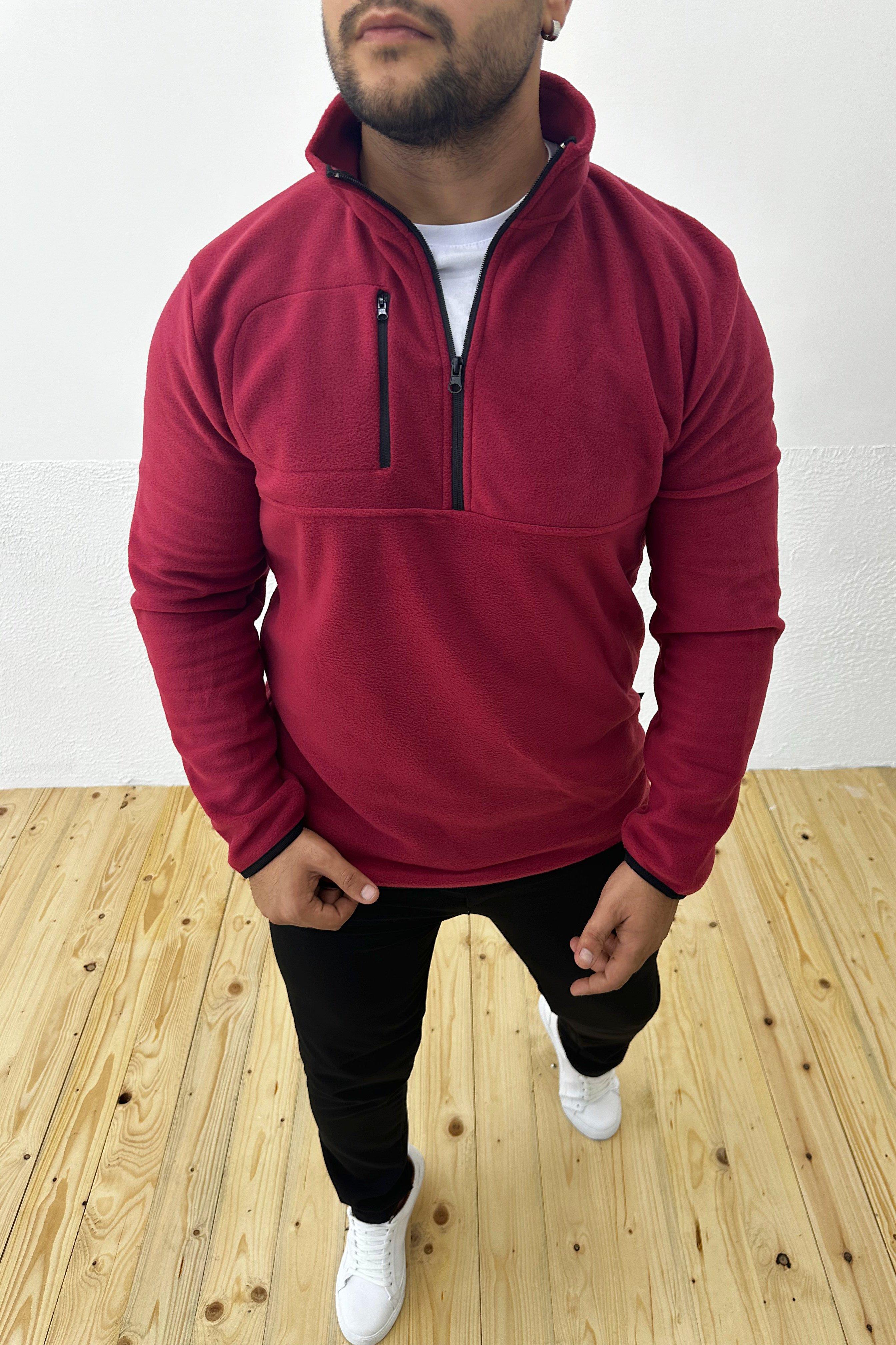 Kalın Kışlık Fermuarlı Bordo Polar Sweatshirt