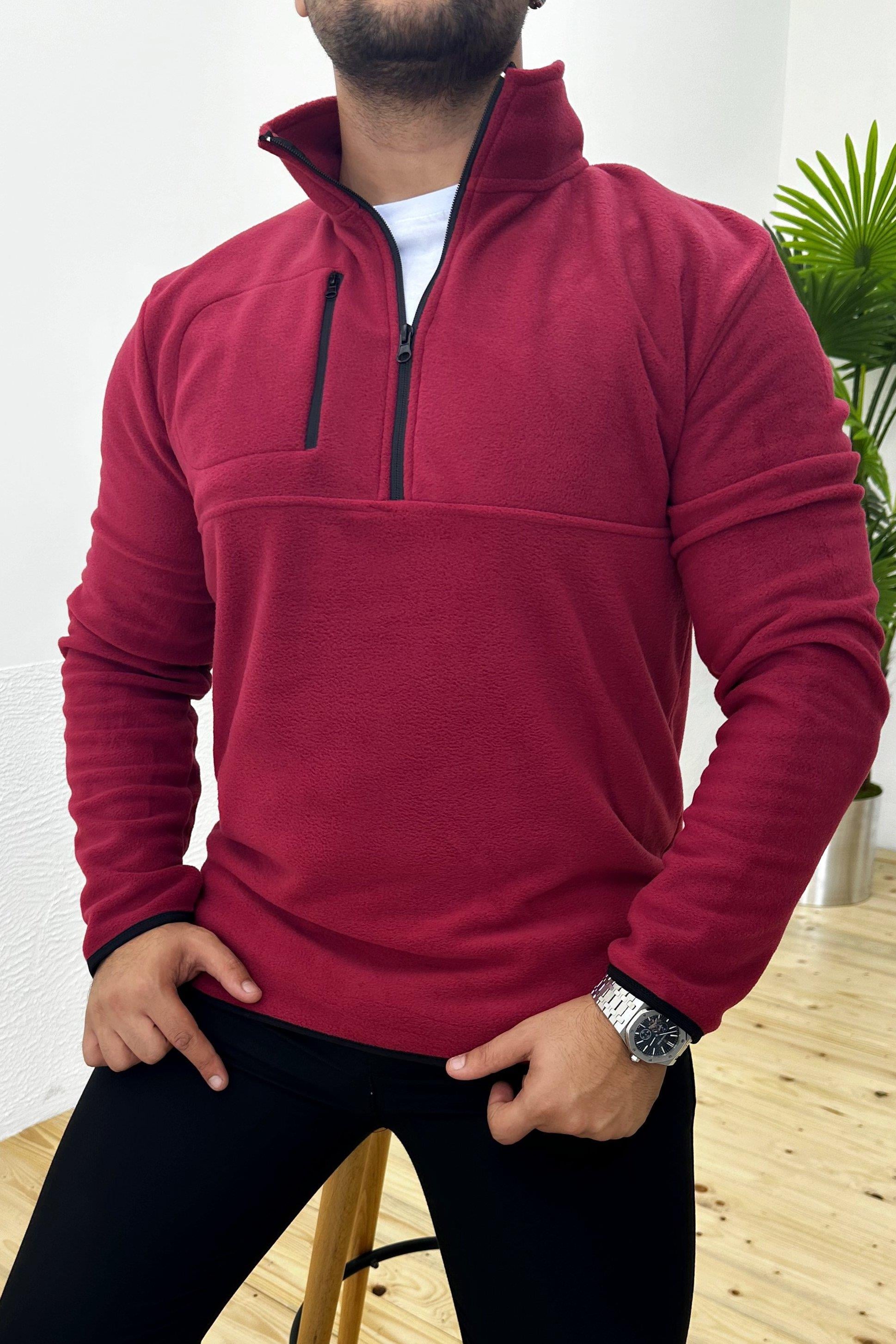 Kalın Kışlık Fermuarlı Bordo Polar Sweatshirt