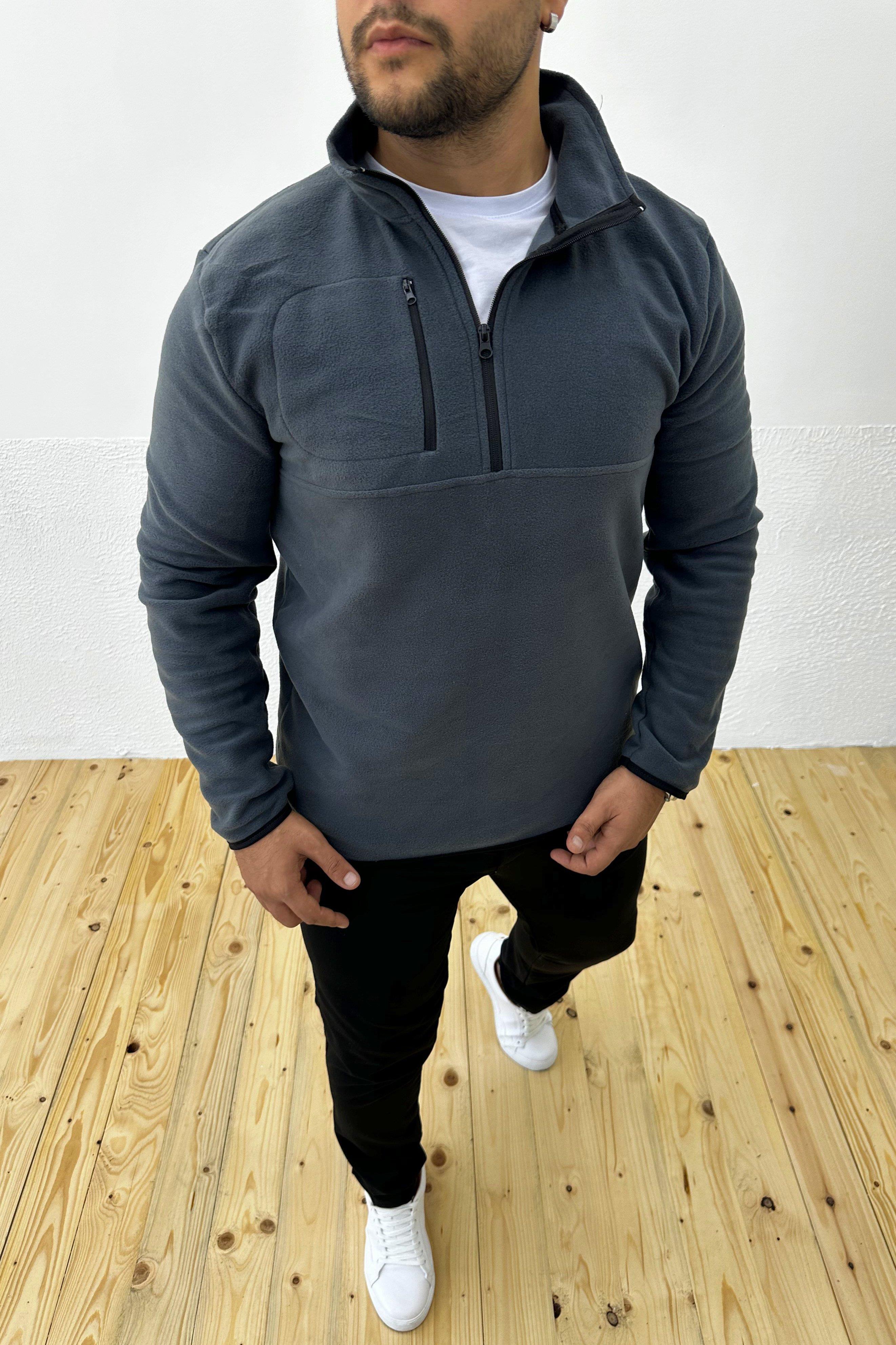 Kalın Kışlık Fermuarlı Füme Polar Sweatshirt