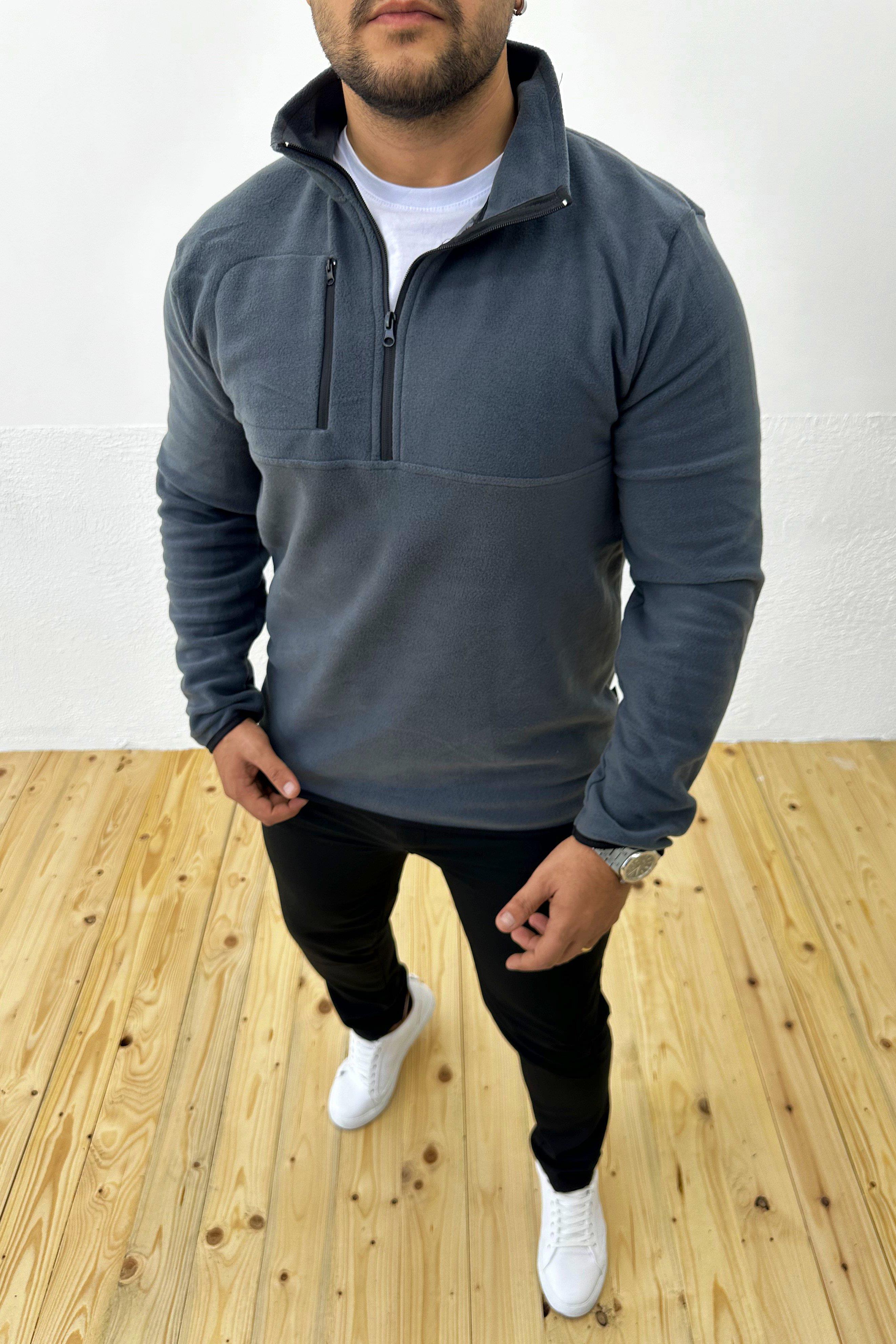 Kalın Kışlık Fermuarlı Füme Polar Sweatshirt