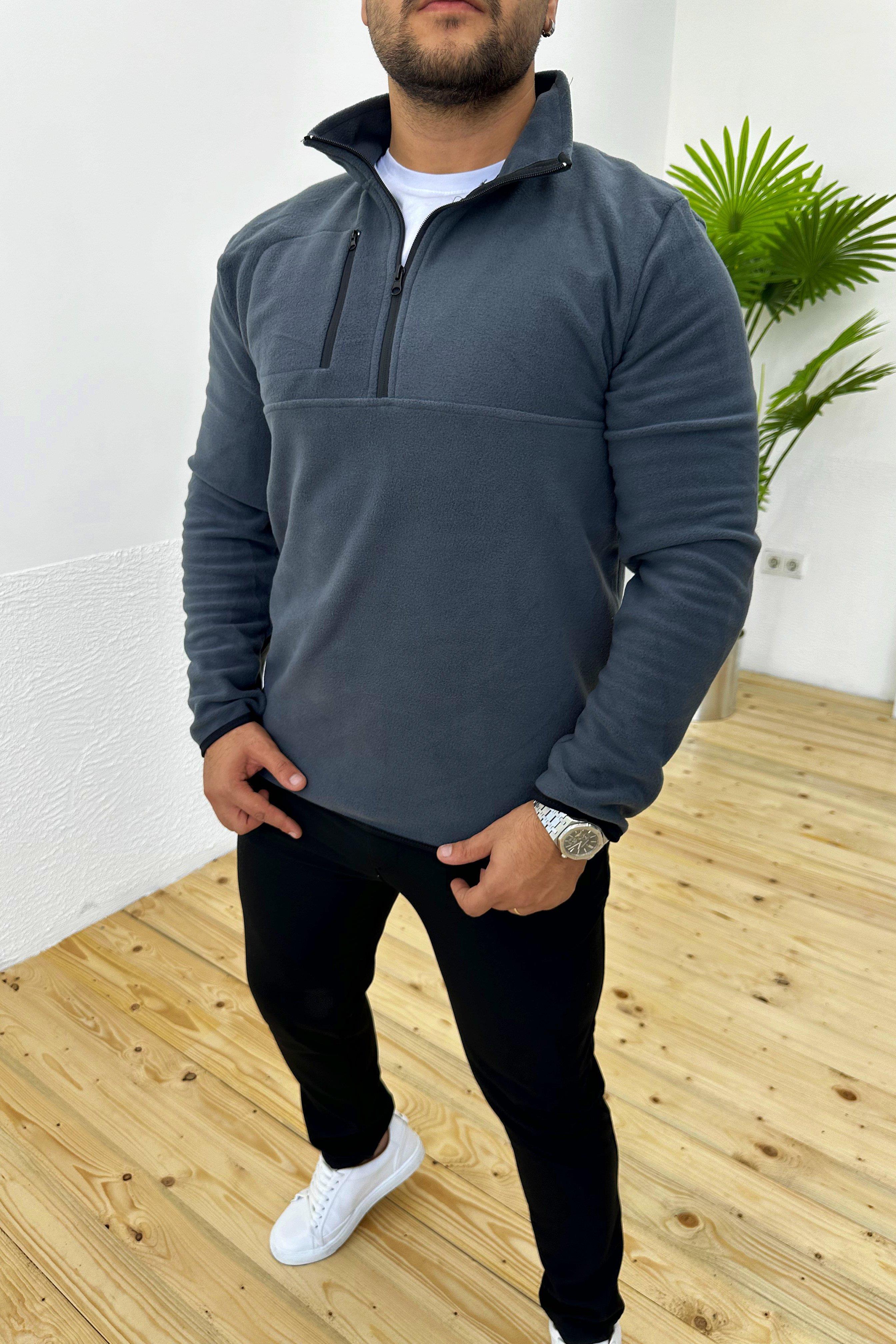 Kalın Kışlık Fermuarlı Füme Polar Sweatshirt