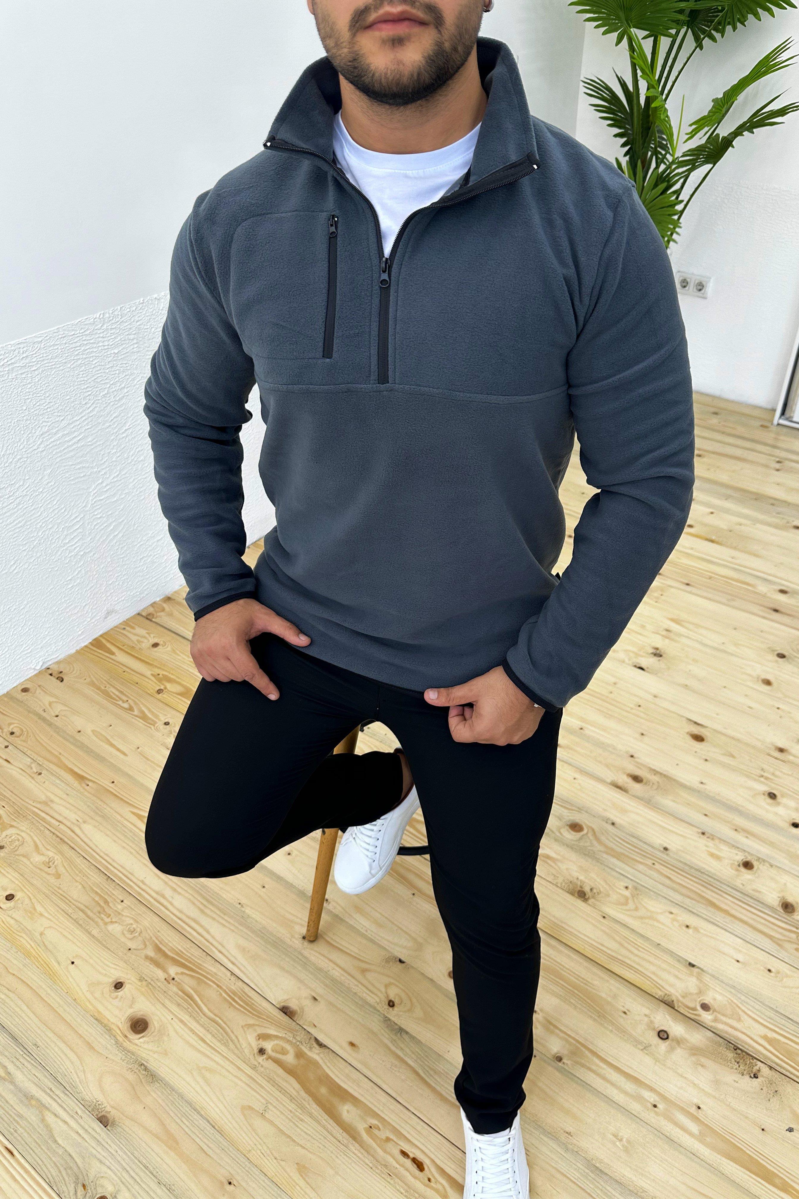 Kalın Kışlık Fermuarlı Füme Polar Sweatshirt