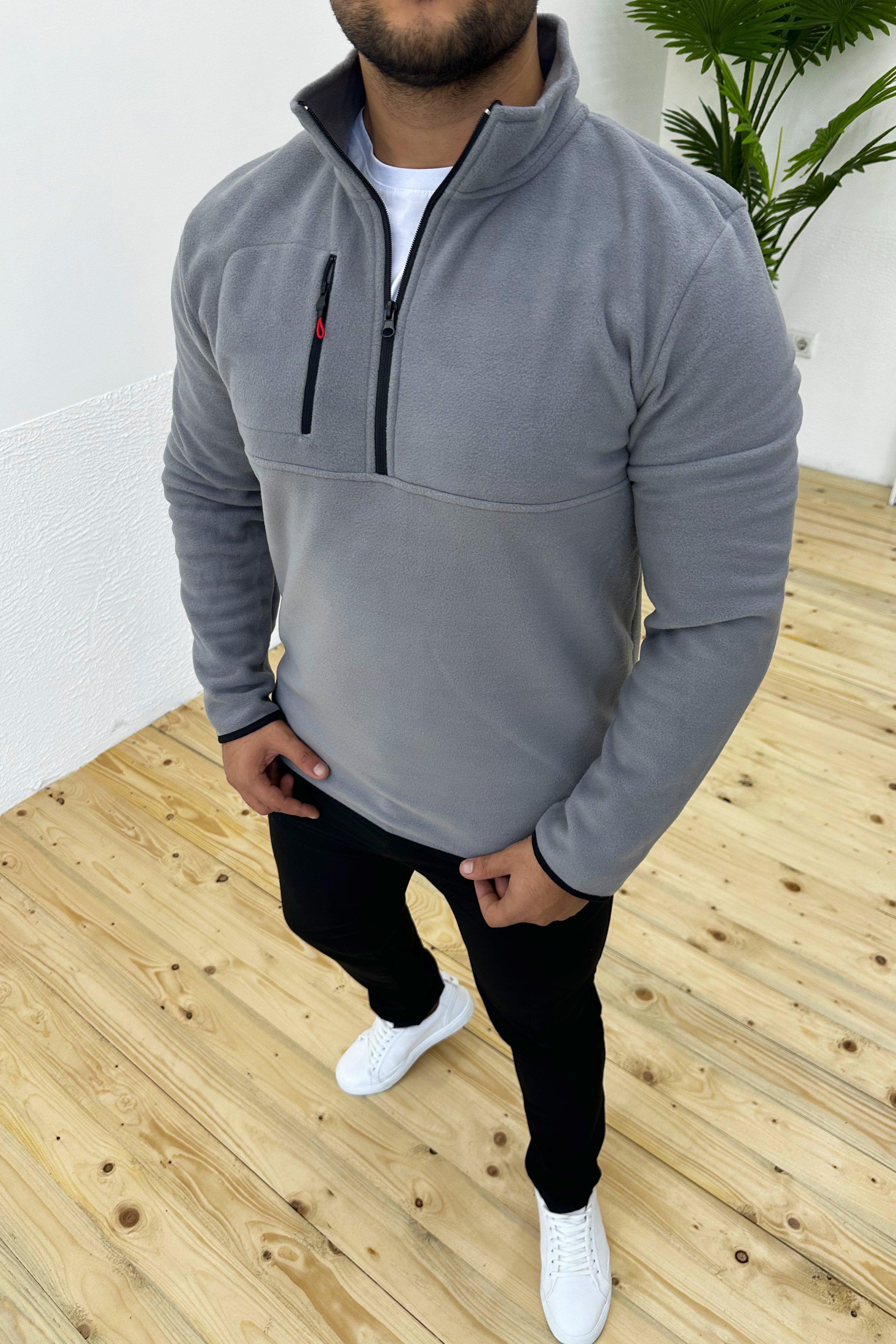 Kalın Kışlık Fermuarlı Gri Polar Sweatshirt