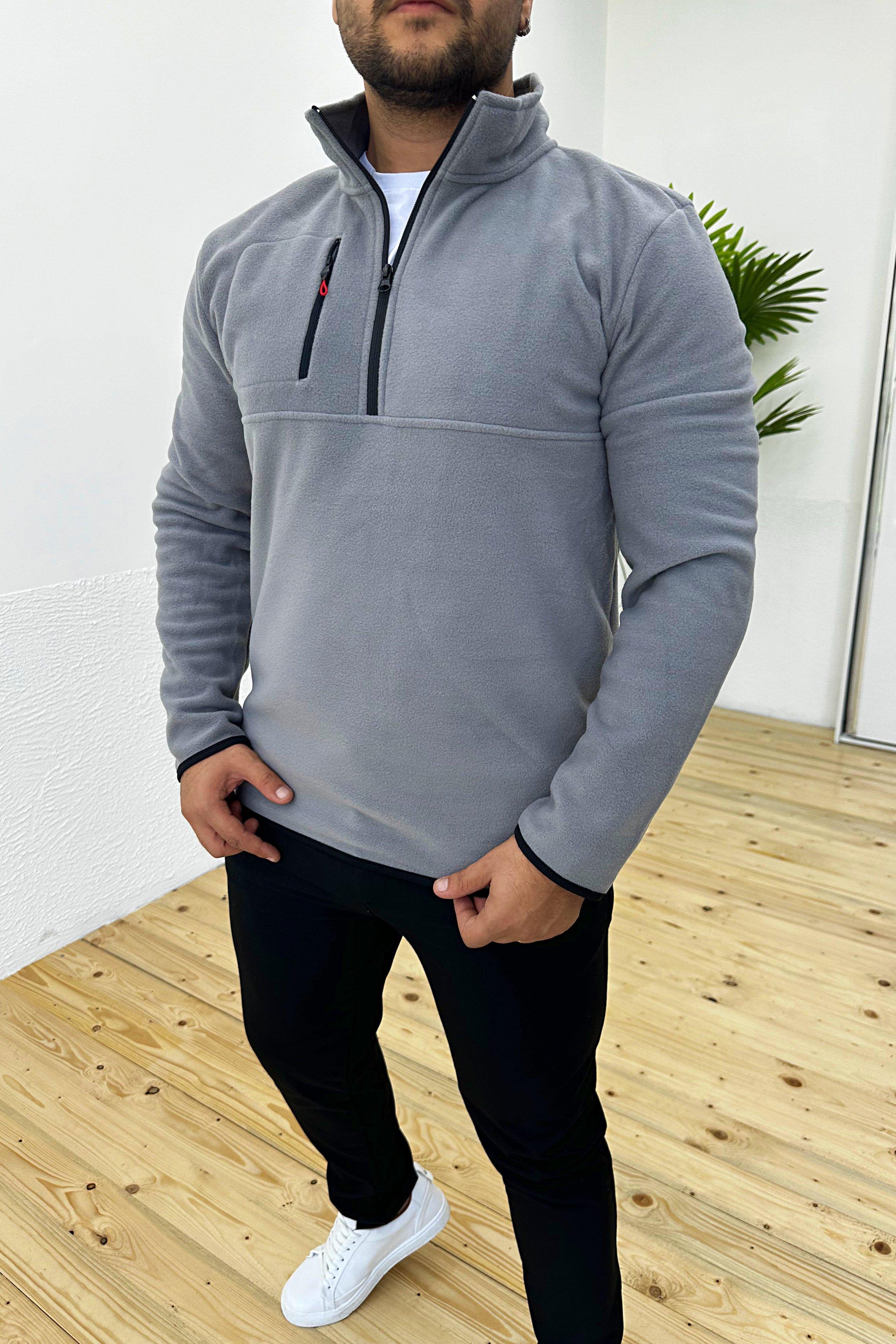 Kalın Kışlık Fermuarlı Gri Polar Sweatshirt