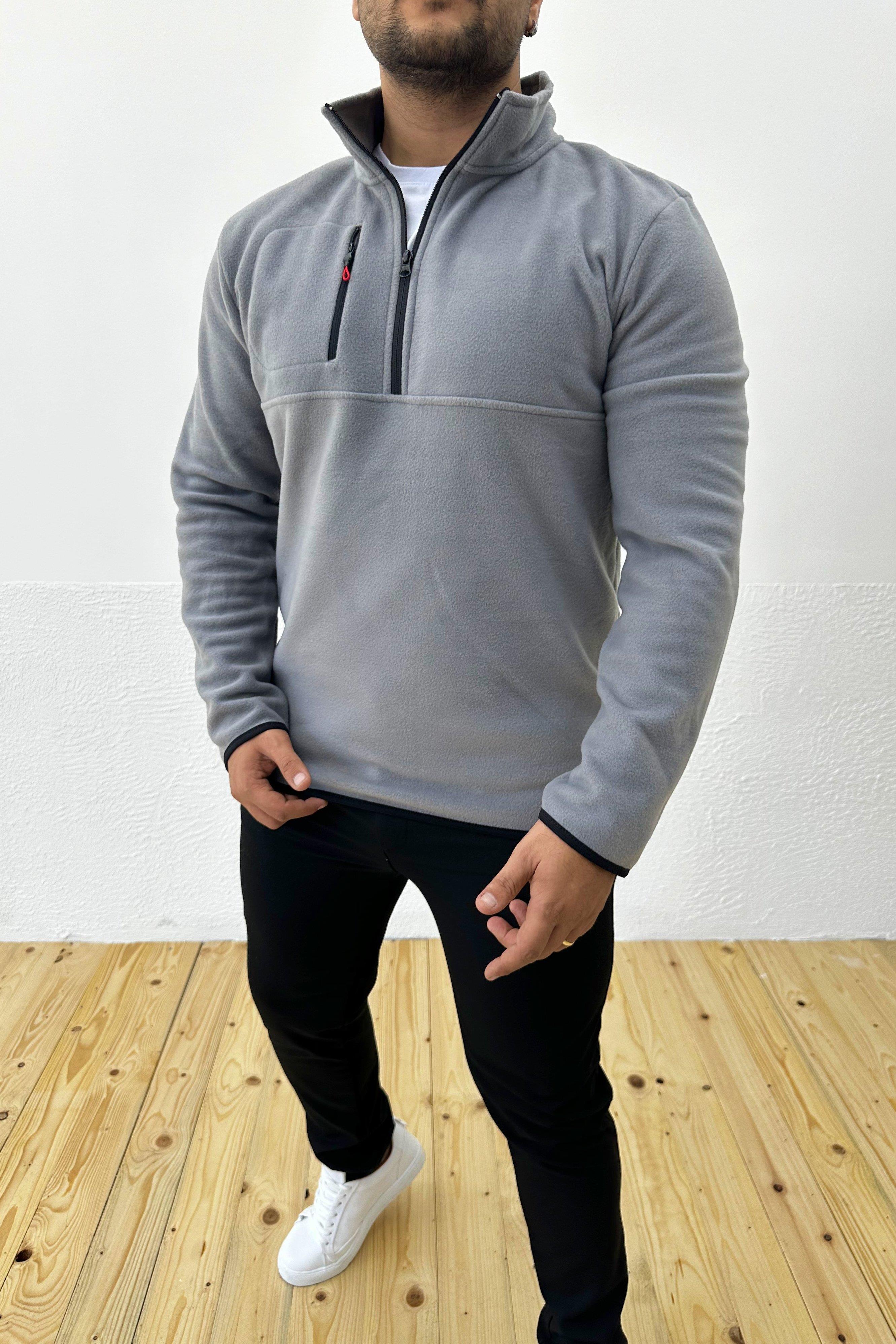 Kalın Kışlık Fermuarlı Gri Polar Sweatshirt