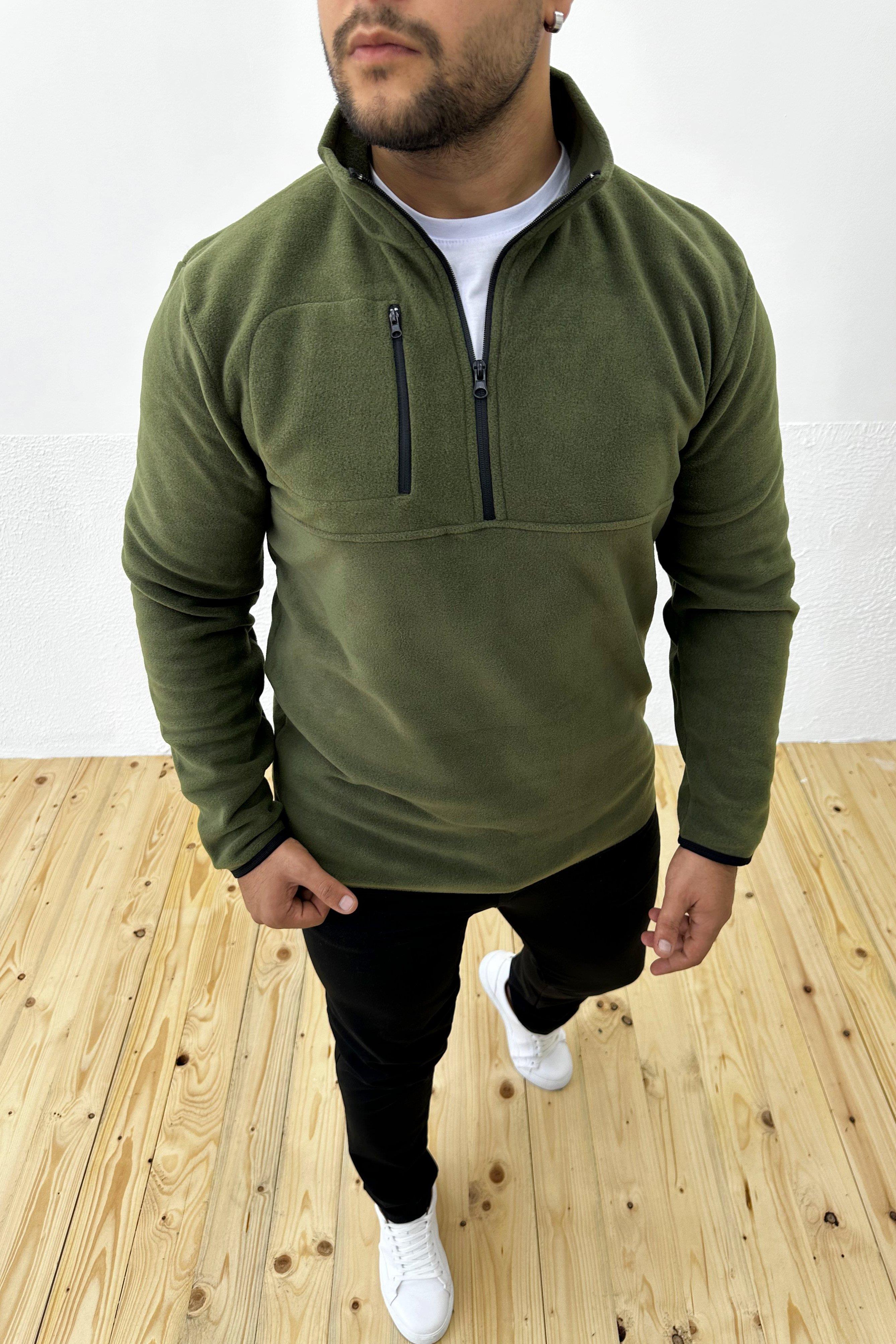 Kalın Kışlık Fermuarlı Haki Polar Sweatshirt