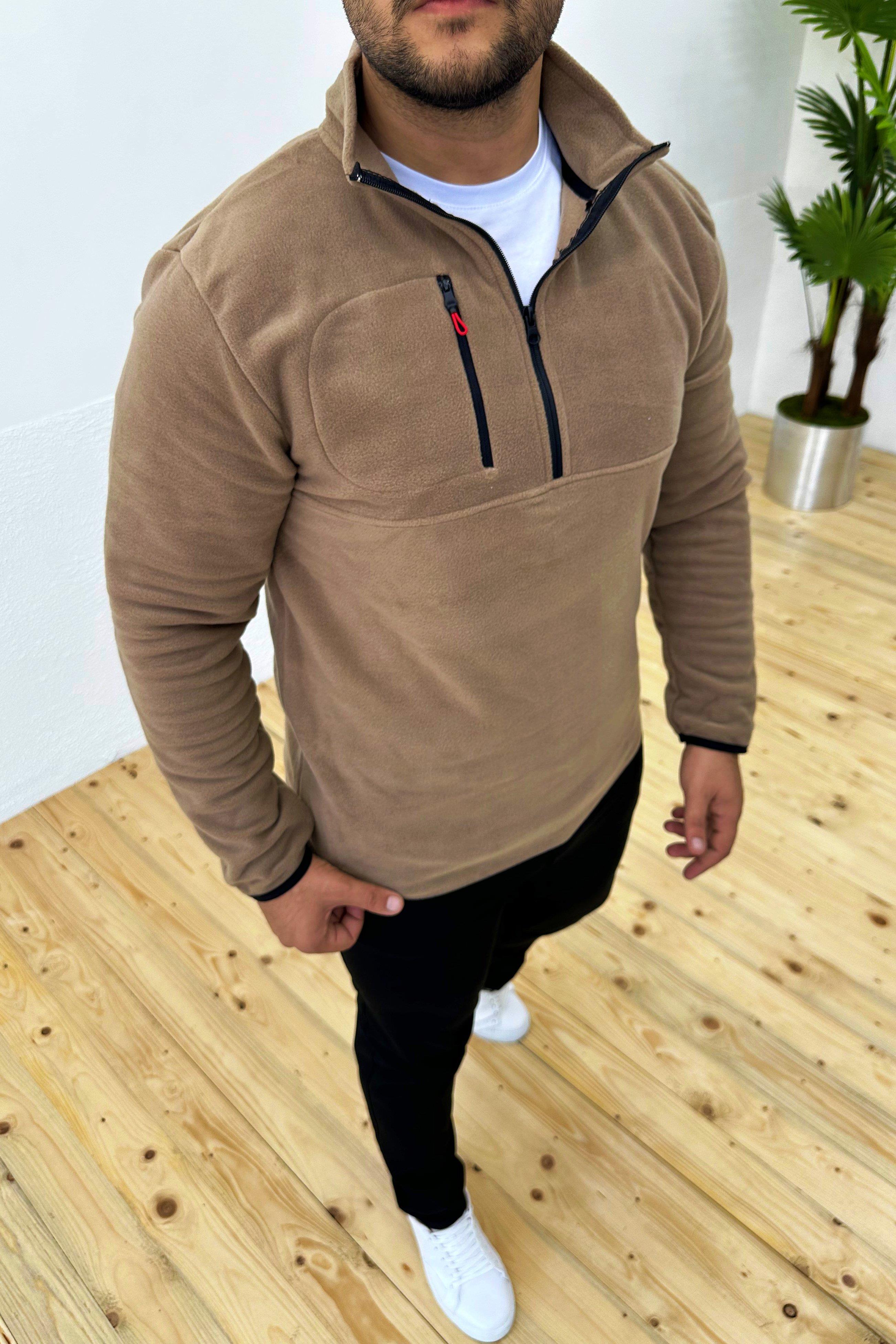 Kalın Kışlık Fermuarlı Kahve Polar Sweatshirt