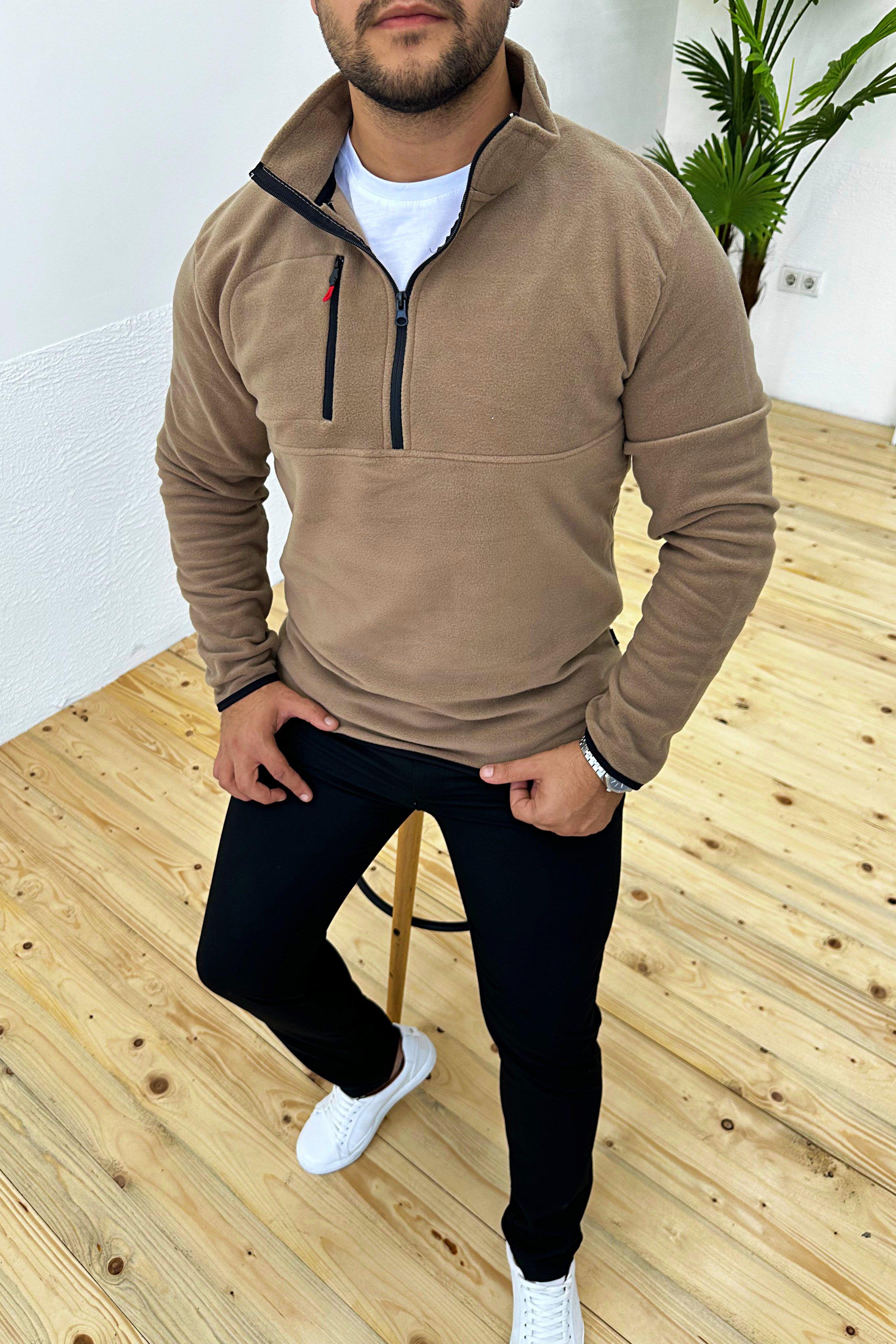 Kalın Kışlık Fermuarlı Kahve Polar Sweatshirt