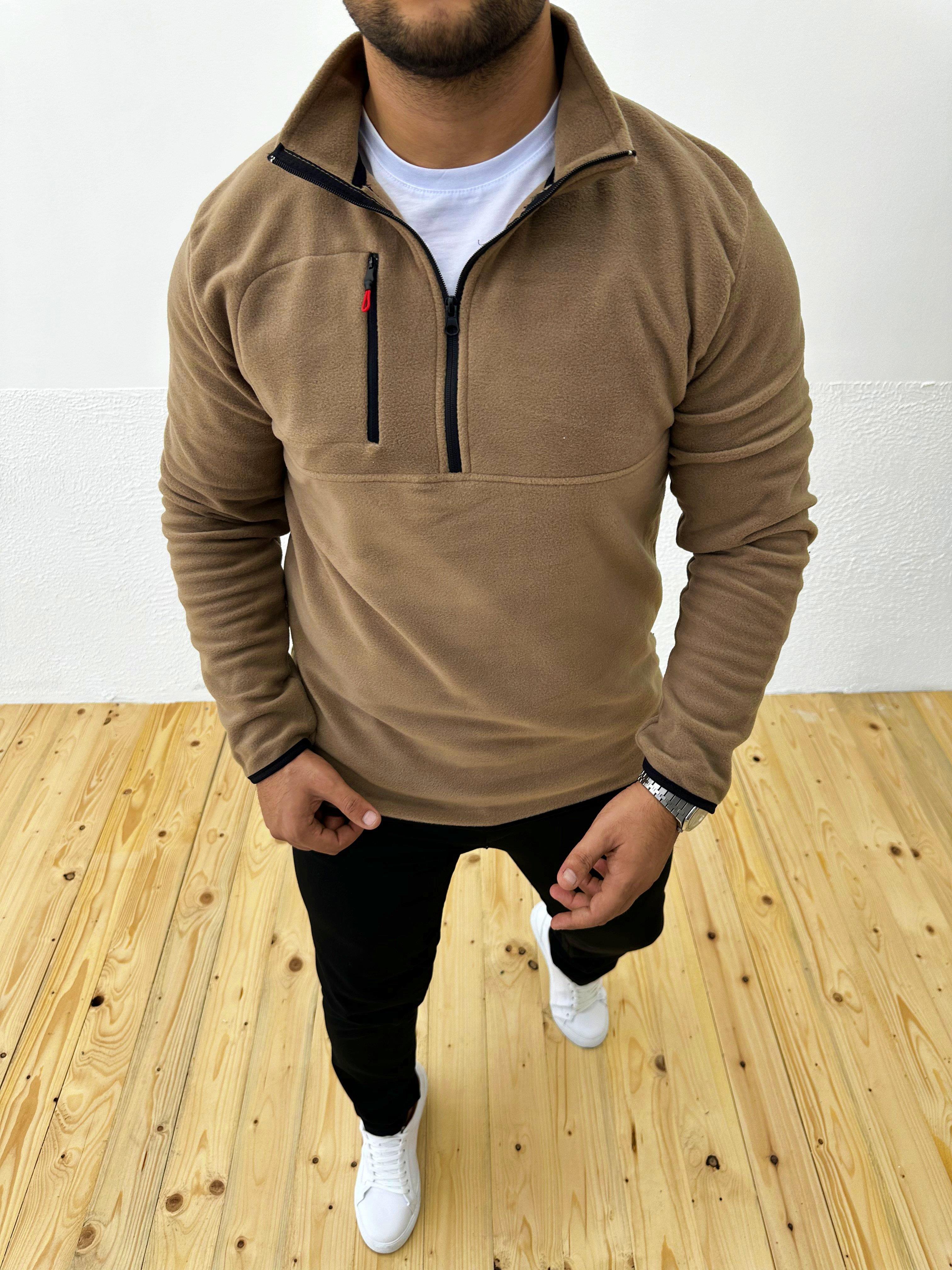 Kalın Kışlık Fermuarlı Kahve Polar Sweatshirt