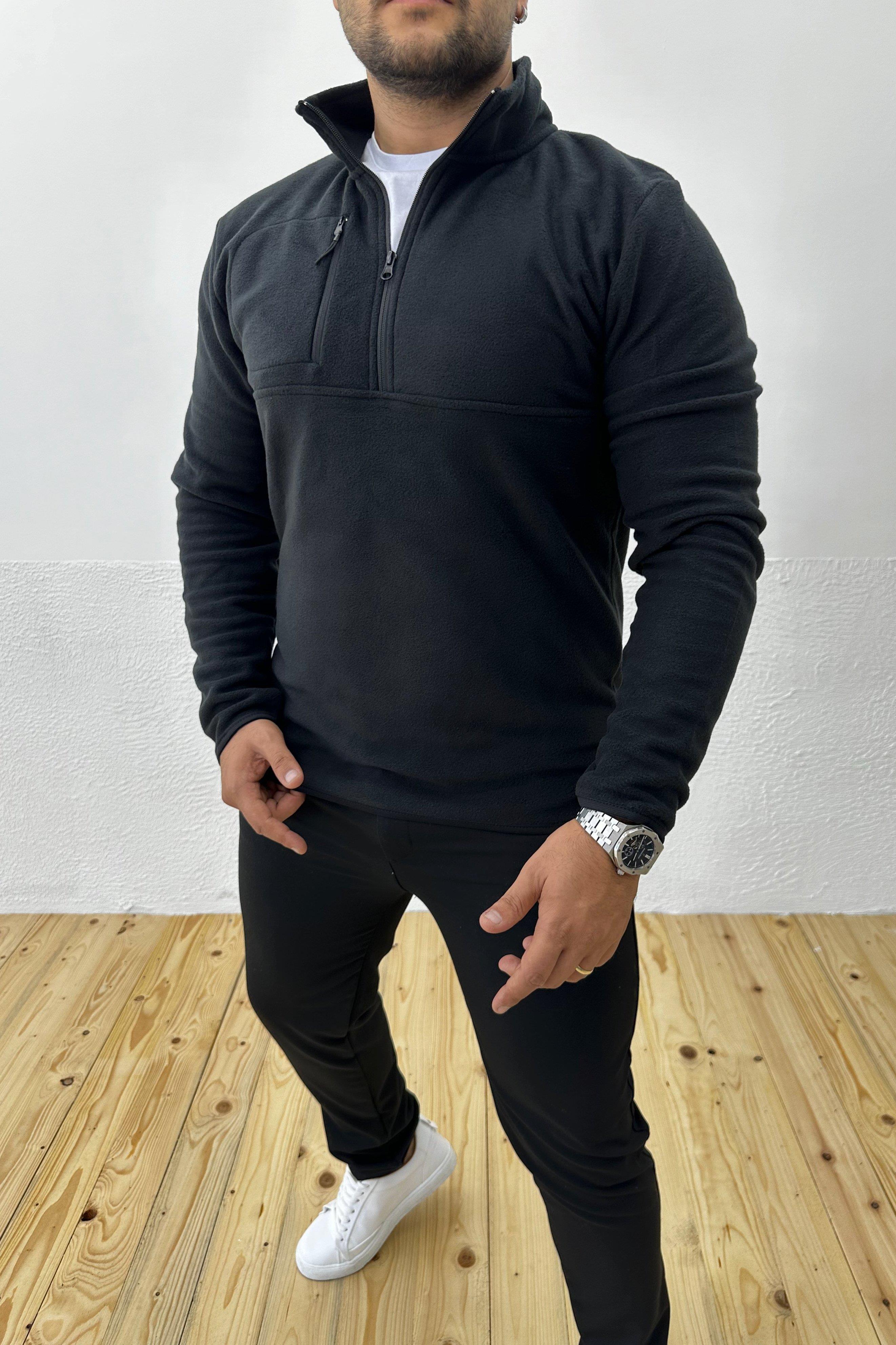 Kalın Kışlık Fermuarlı Siyah Polar Sweatshirt