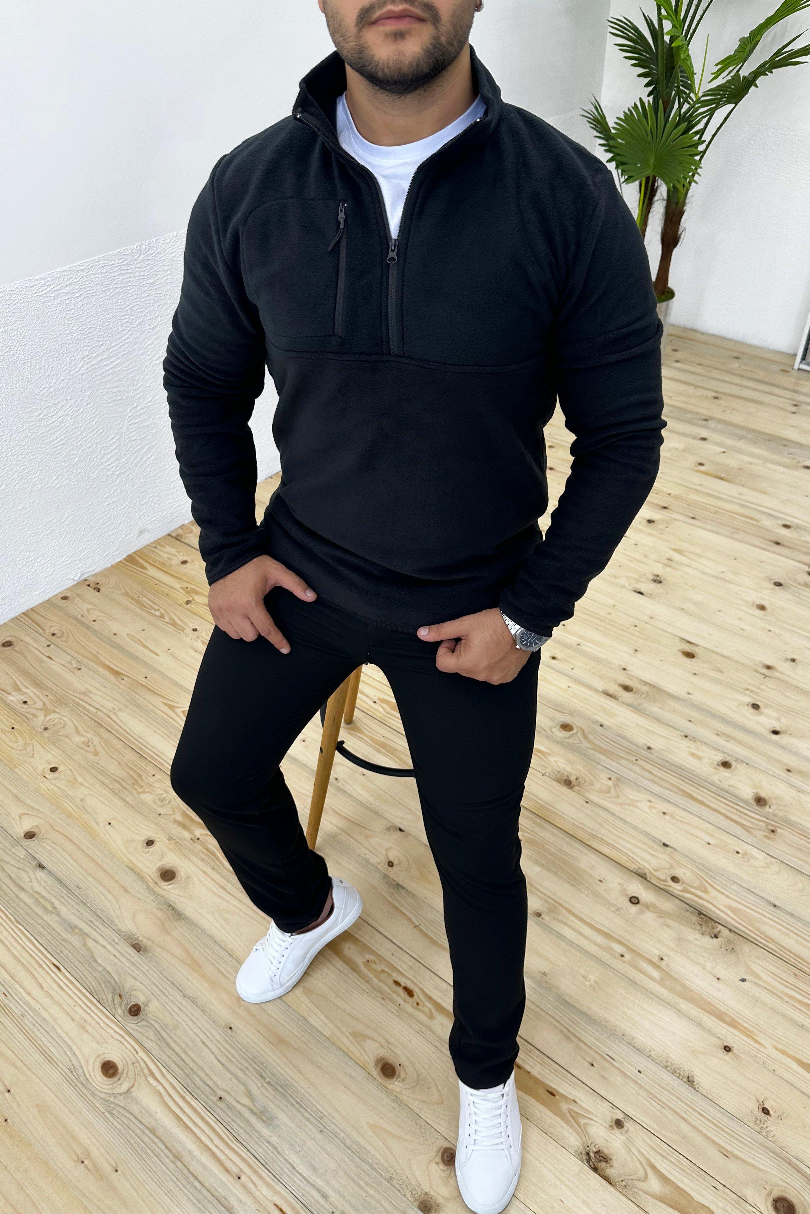 Kalın Kışlık Fermuarlı Siyah Polar Sweatshirt
